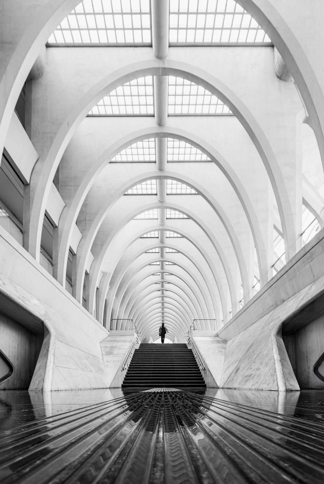 White Corridor — Lines converging in endless perspective, Liège.