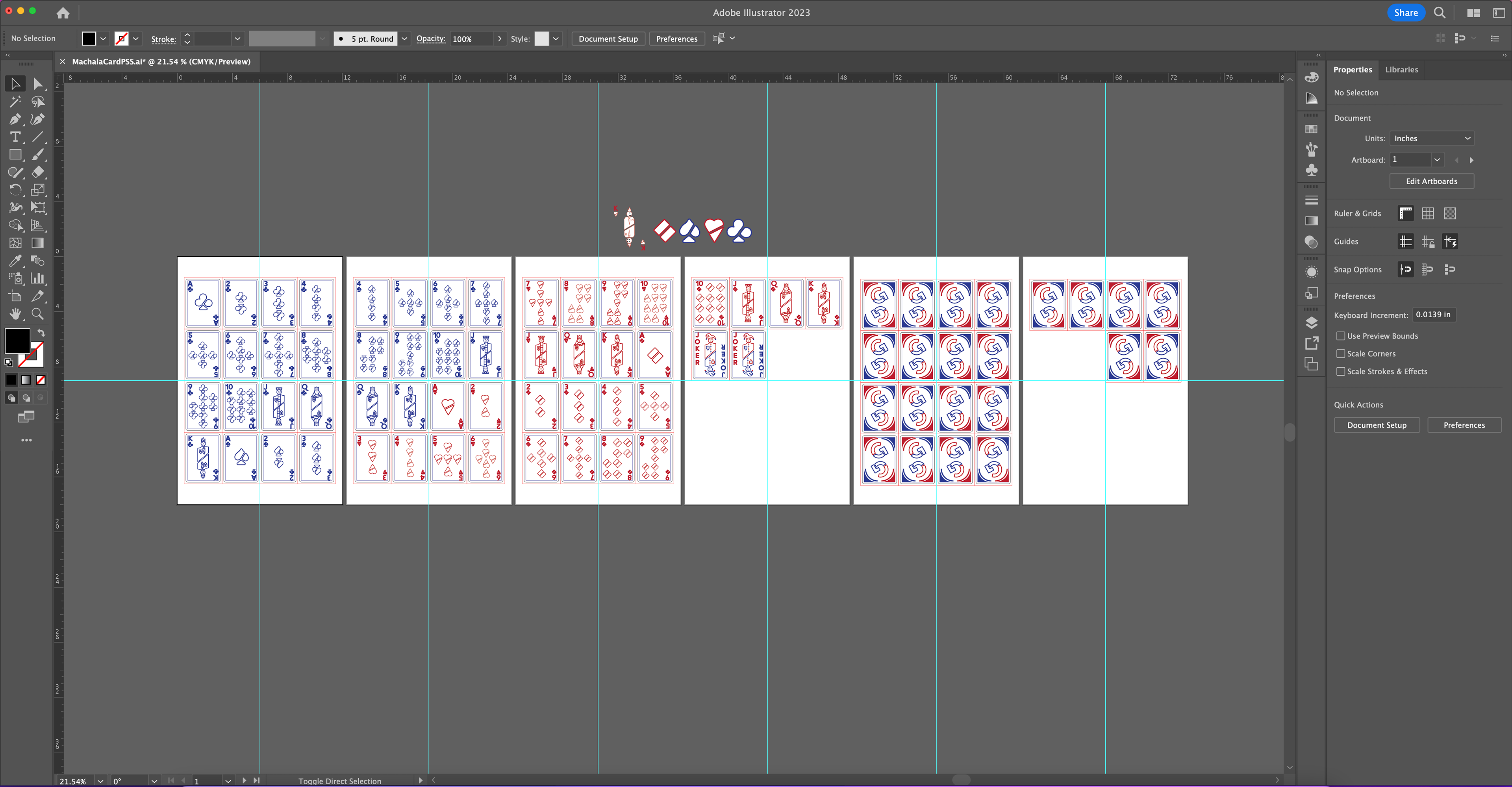 the illustrator preview of my press size sheet. note that I only have two pages for the card backs. that is because when I printed each front page, I just collated the back to the front in print preview.