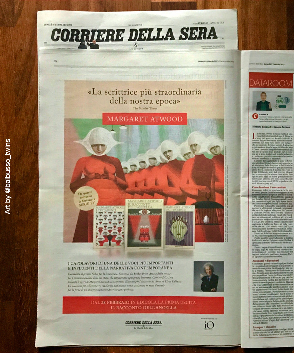 The full page ad in the Corriere Della Sera journal for the launch of the exclusive series of 21 Margaret Atwood’s novels