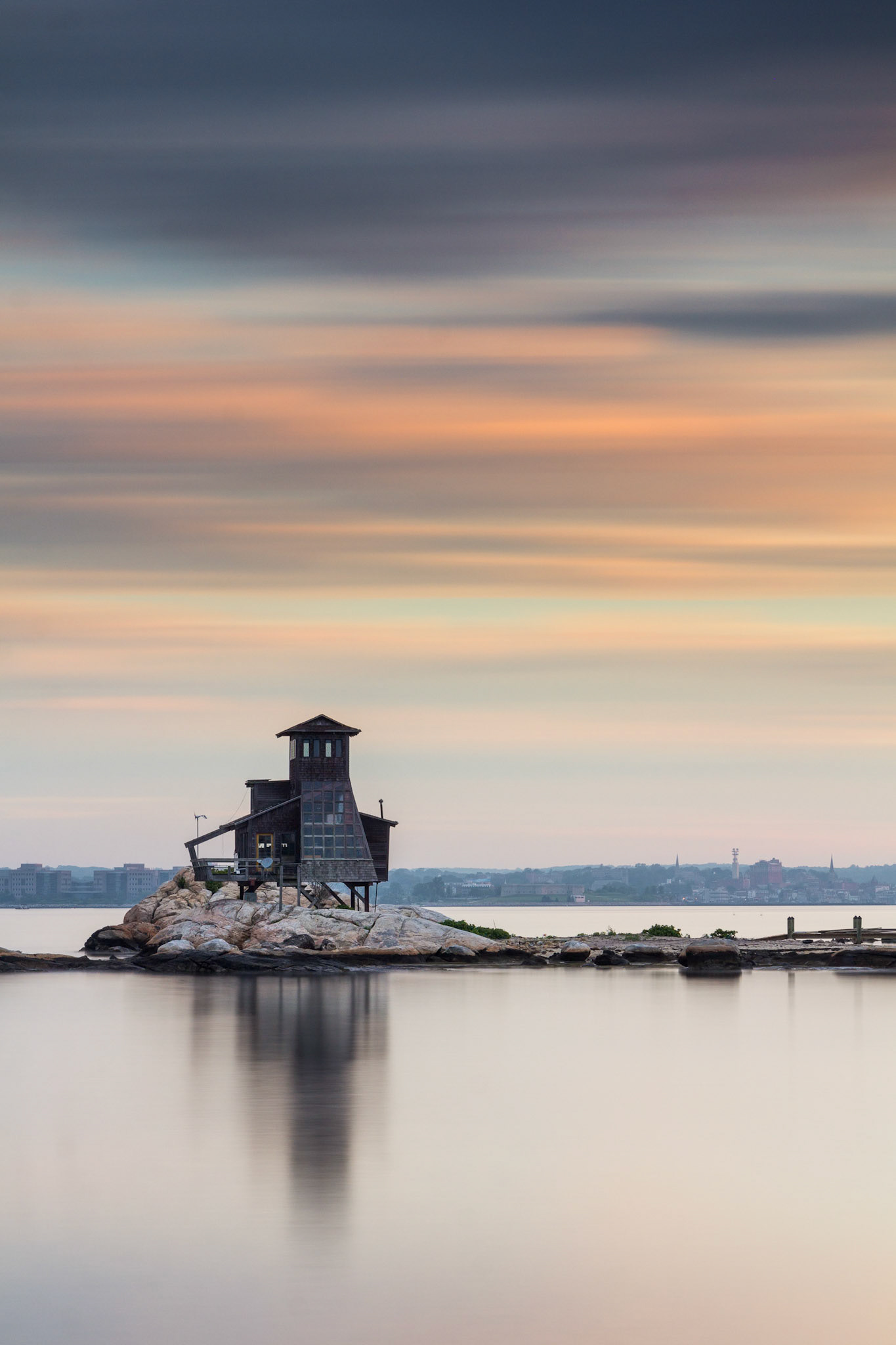 Long exposure of a beach house at Eastern Point Beach in Groton, Connecticut.