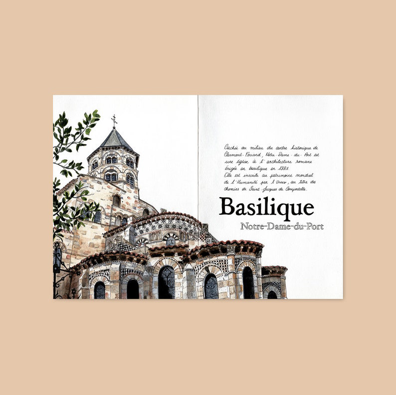 Basilique Notre Dame du Port, carnet d'aquarelles par Sarah Leïla Roux. Carnet de voyage Clermont-Ferrand et alentours