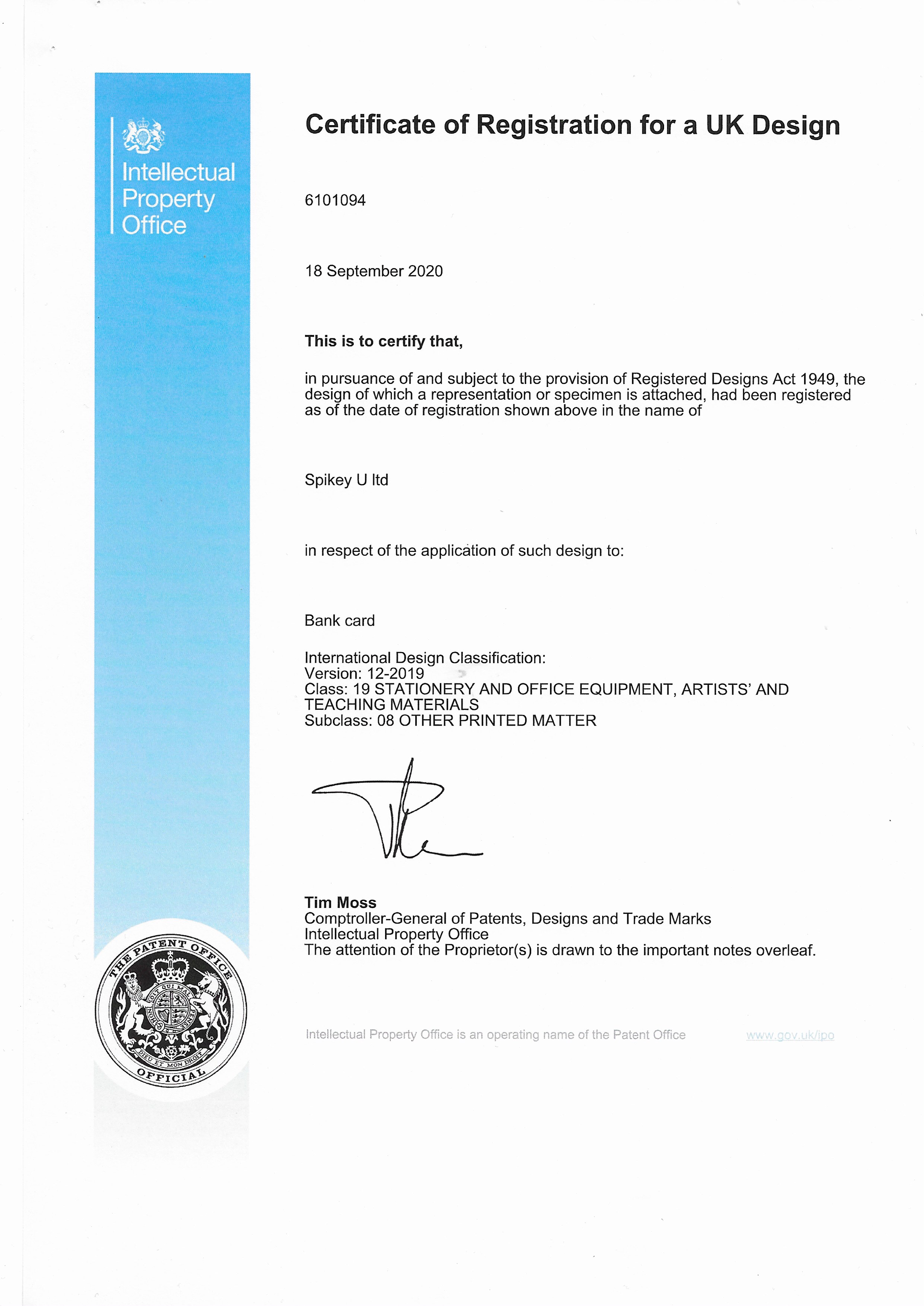 Certificate of Registration for a UK Design
