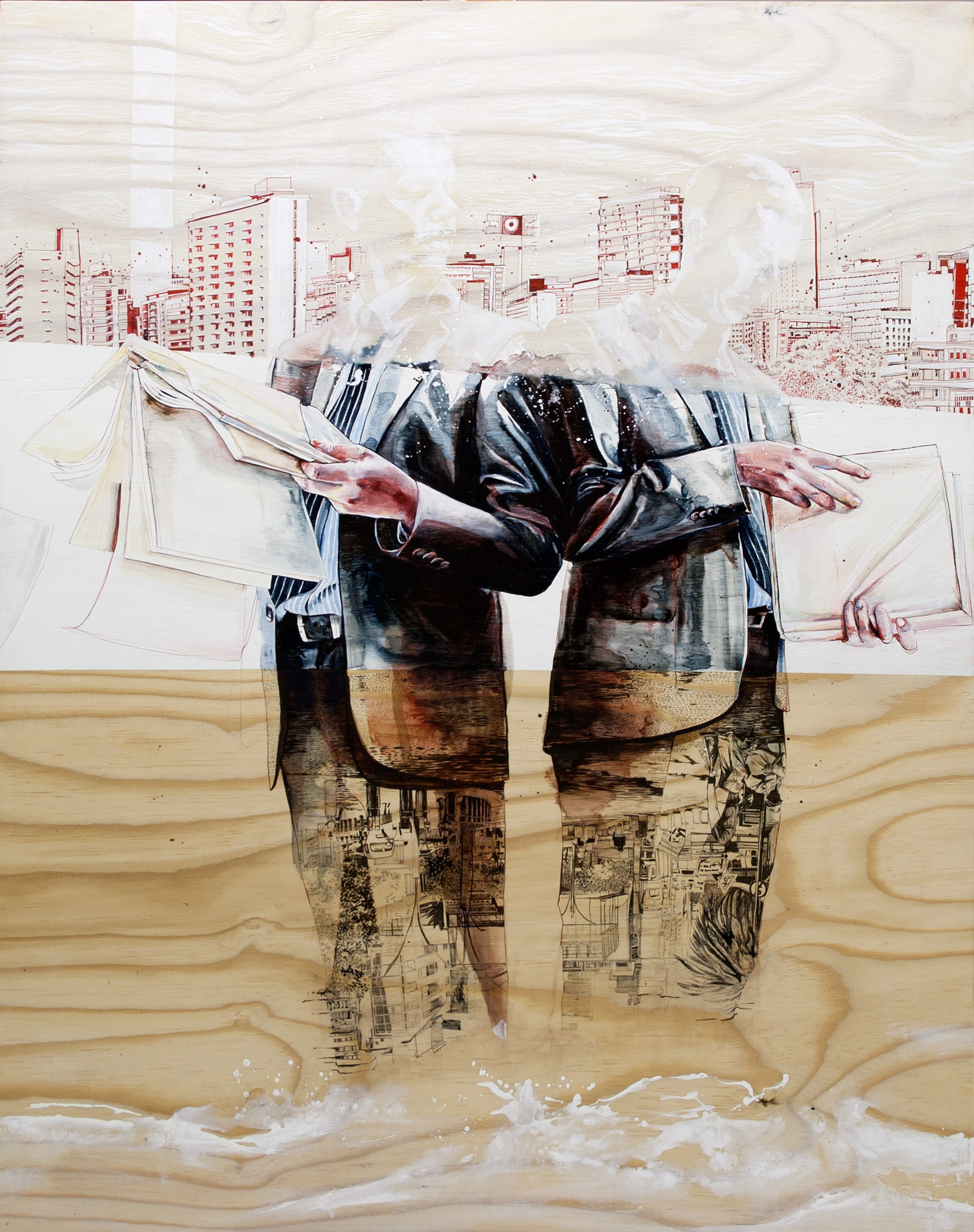 Burnt at both ends, Ink on wood, 100 x 150 cm