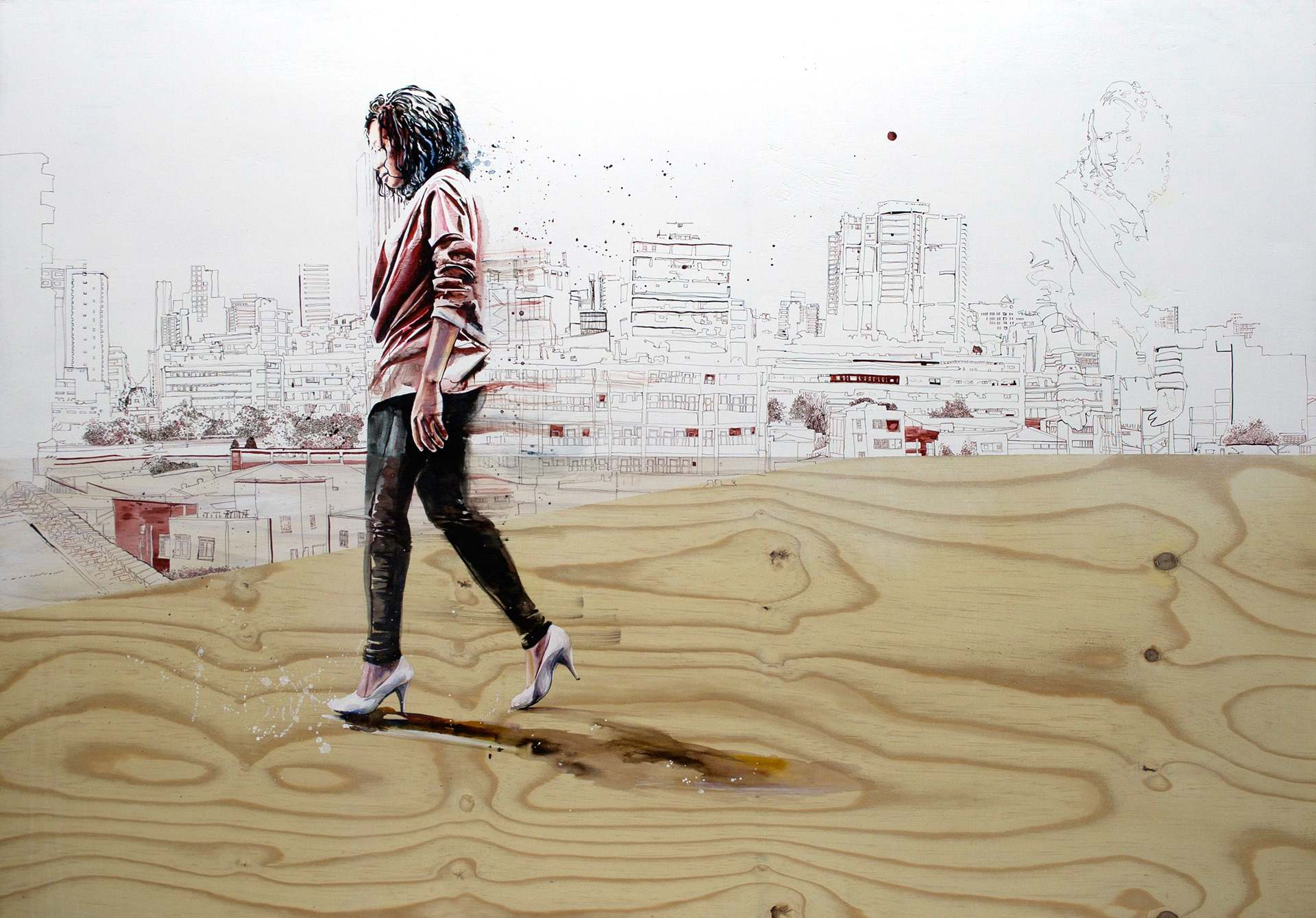 Walk over traces, ink on wood, 120 x 180cm