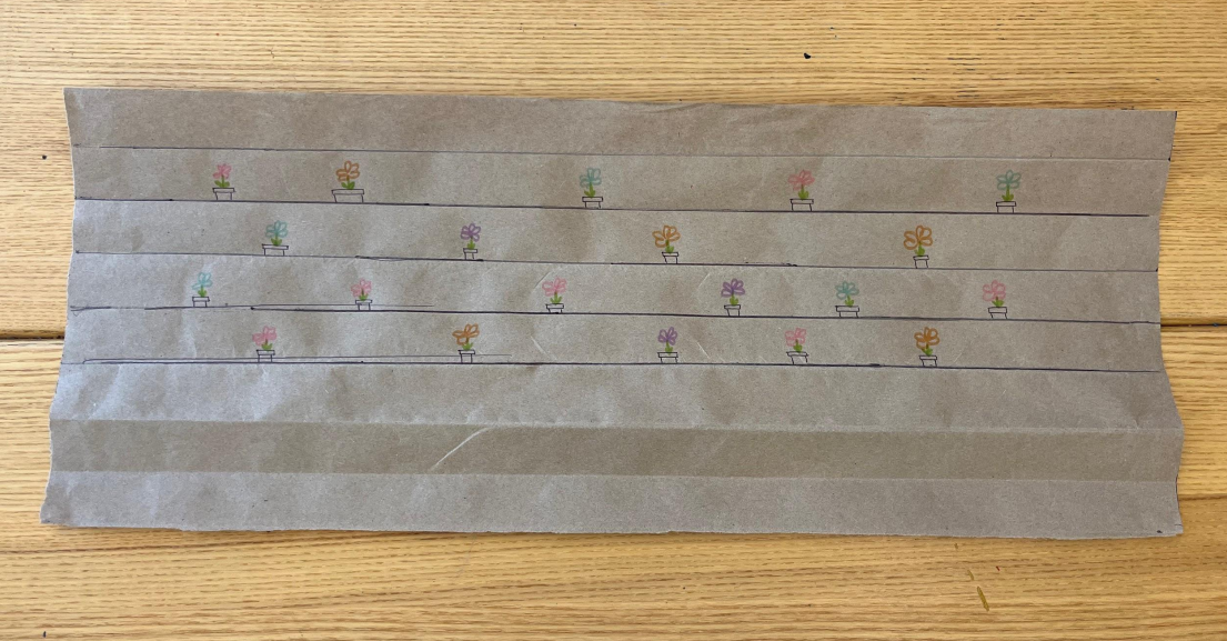Paper wall depicting shelves and flowerpots.