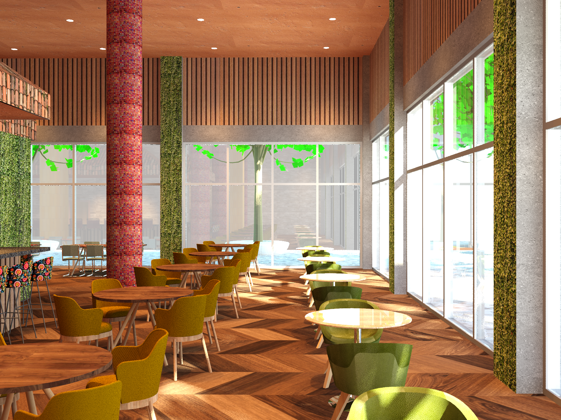 View from the market/exit facing the west side of the dining room (Rendered)