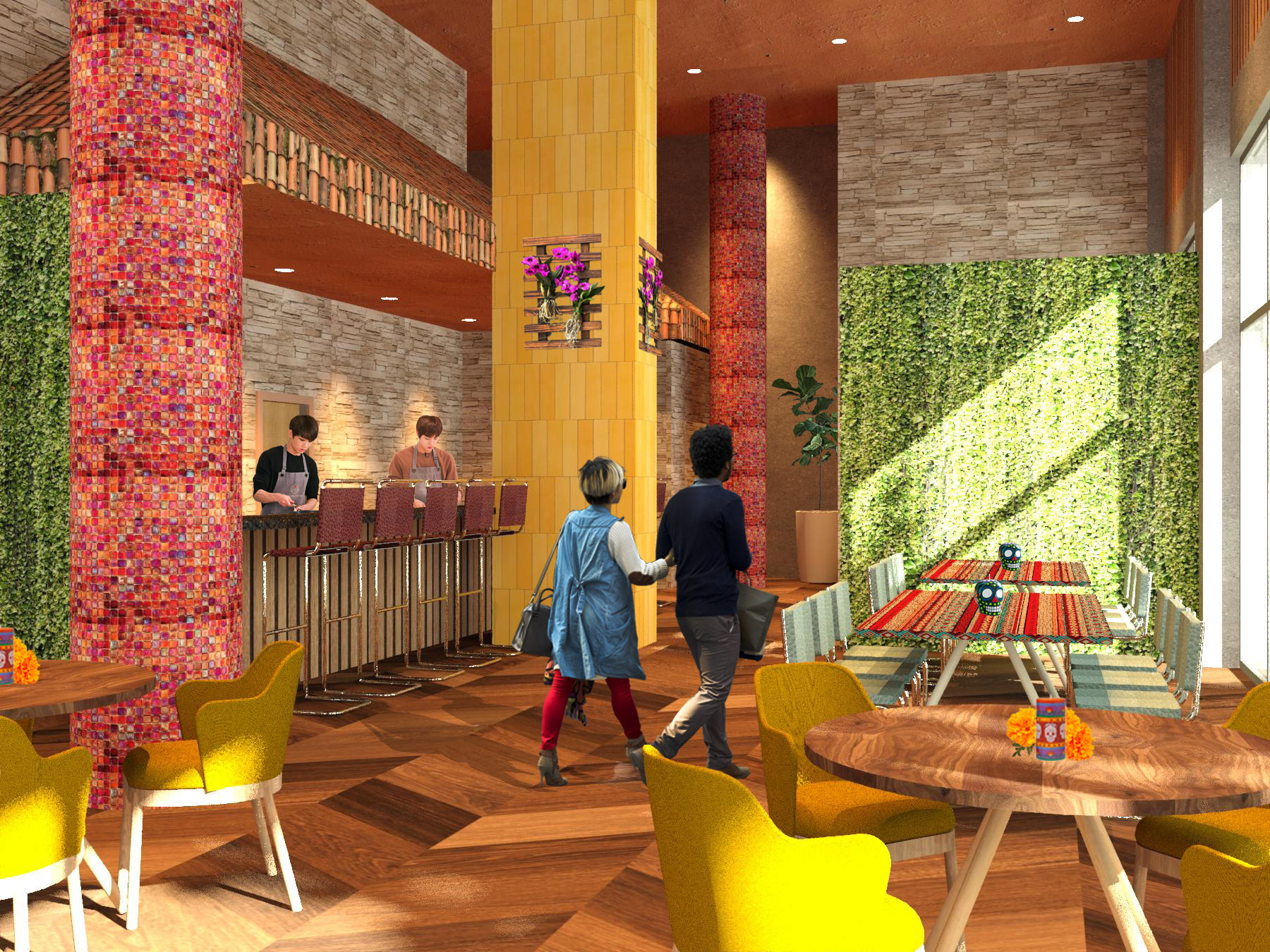 View from the corner of the dining area facing the demonstration area (Photoshopped)
