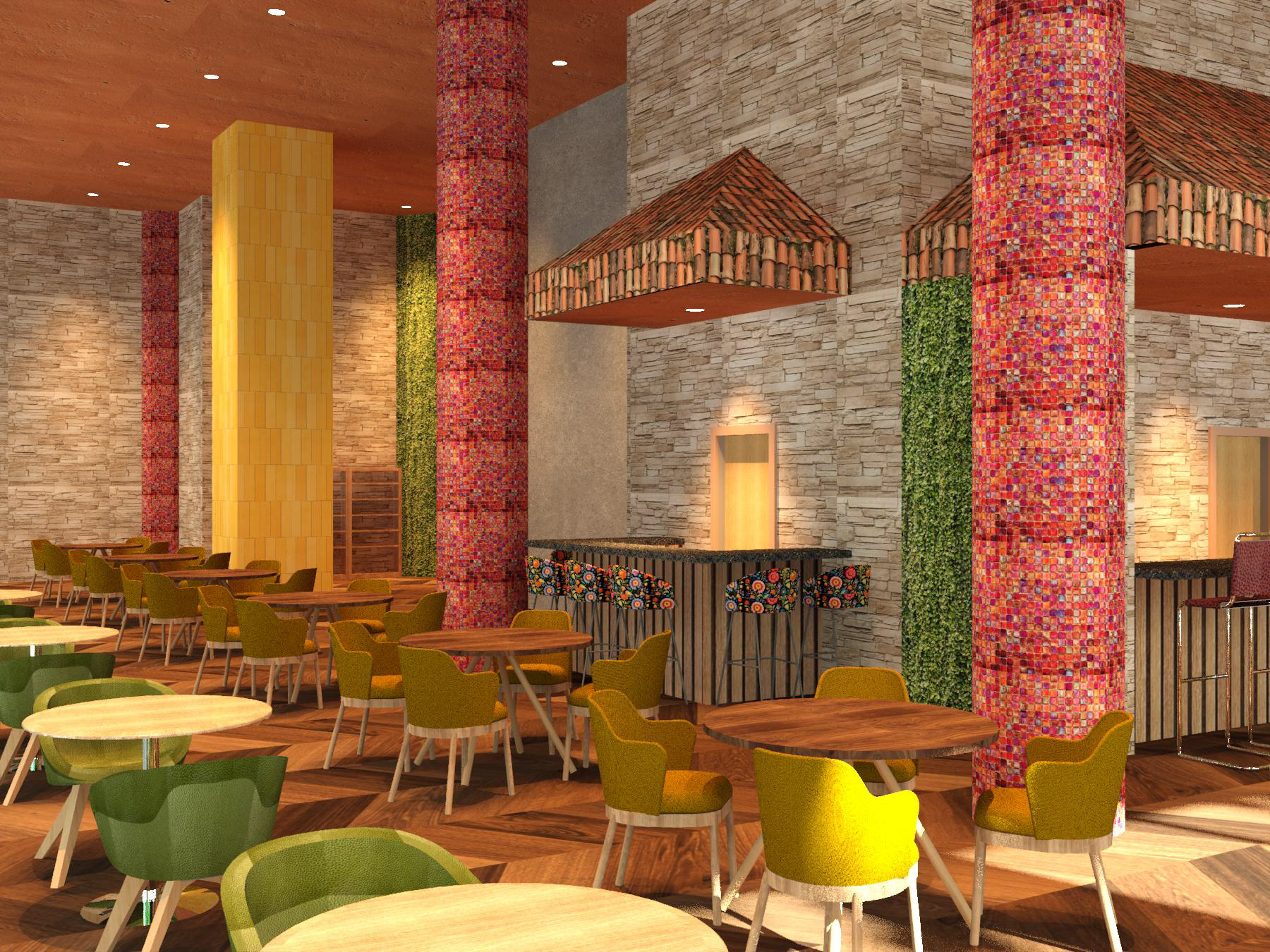 View from the corner of the dining area facing the bar area (Rendered) 