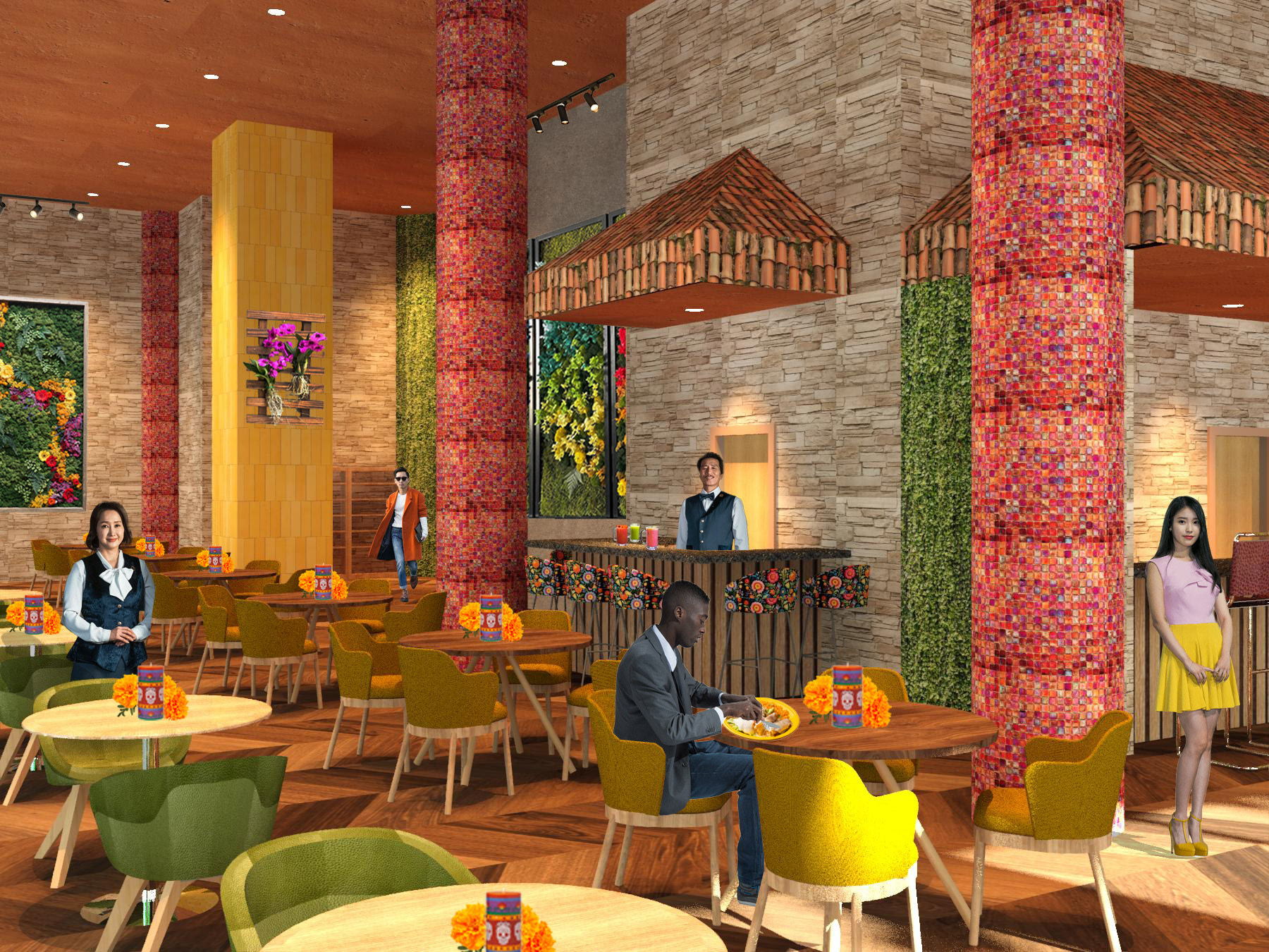 View from the corner of the dining area facing the bar area (Photoshopped)