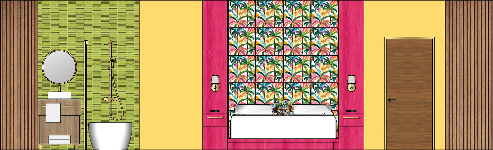  King Guestroom: Bed Wall with section through bathroom