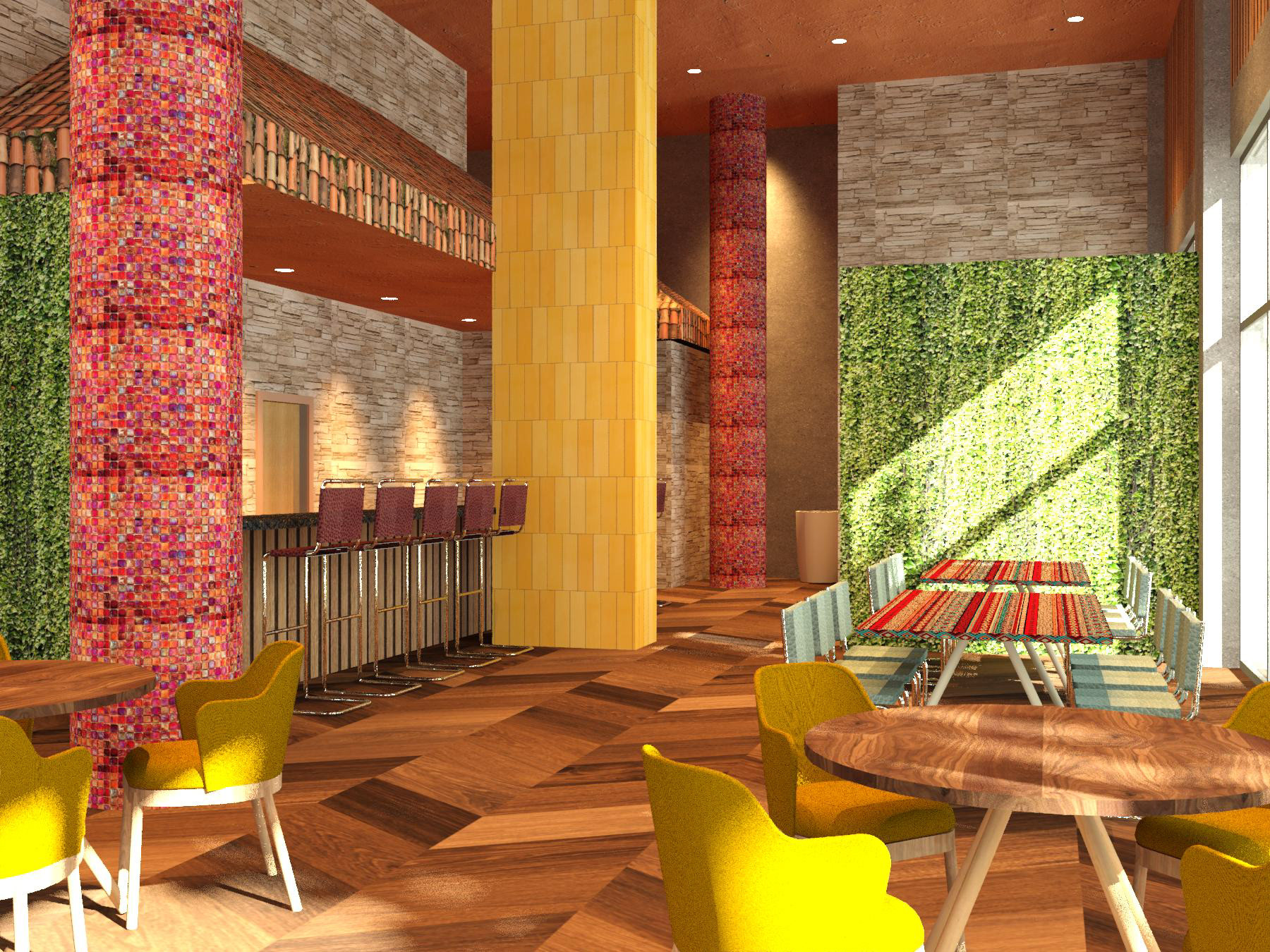 View from the corner of the dining area facing the demonstration area (Rendered)