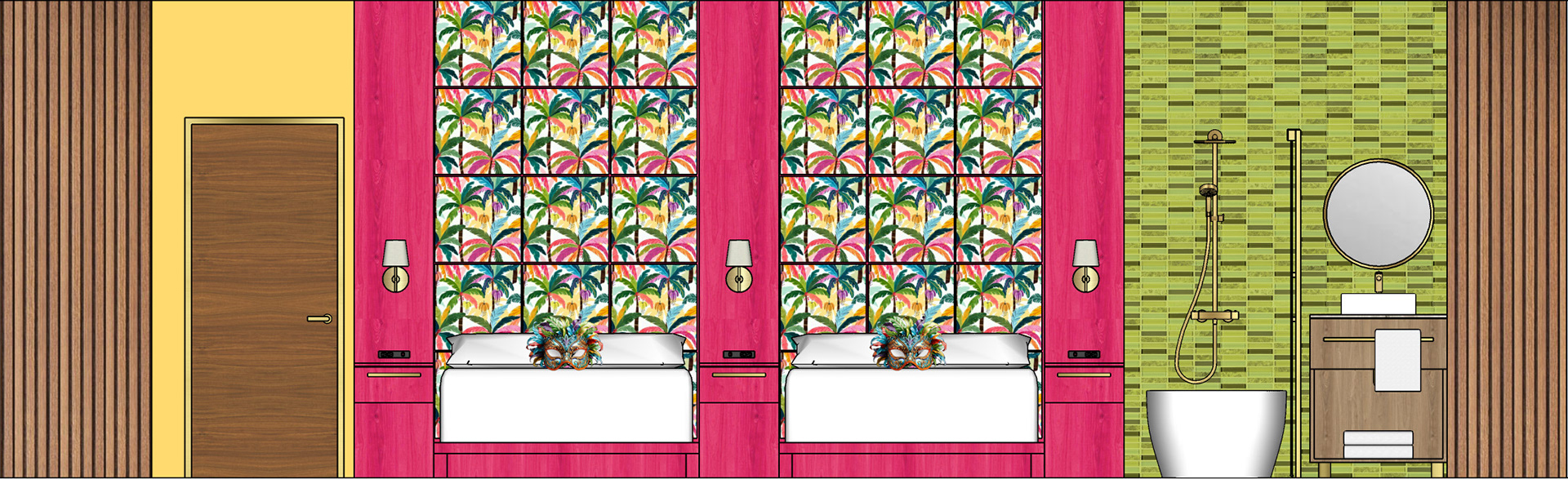 Queen Guestroom: Bed Wall with section through bathroom