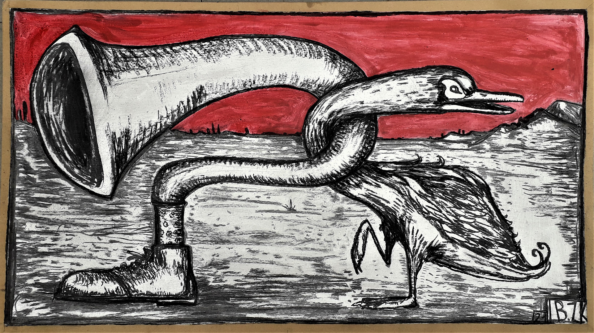 "Gans um Tuba" coal and gouache on carton, 2021