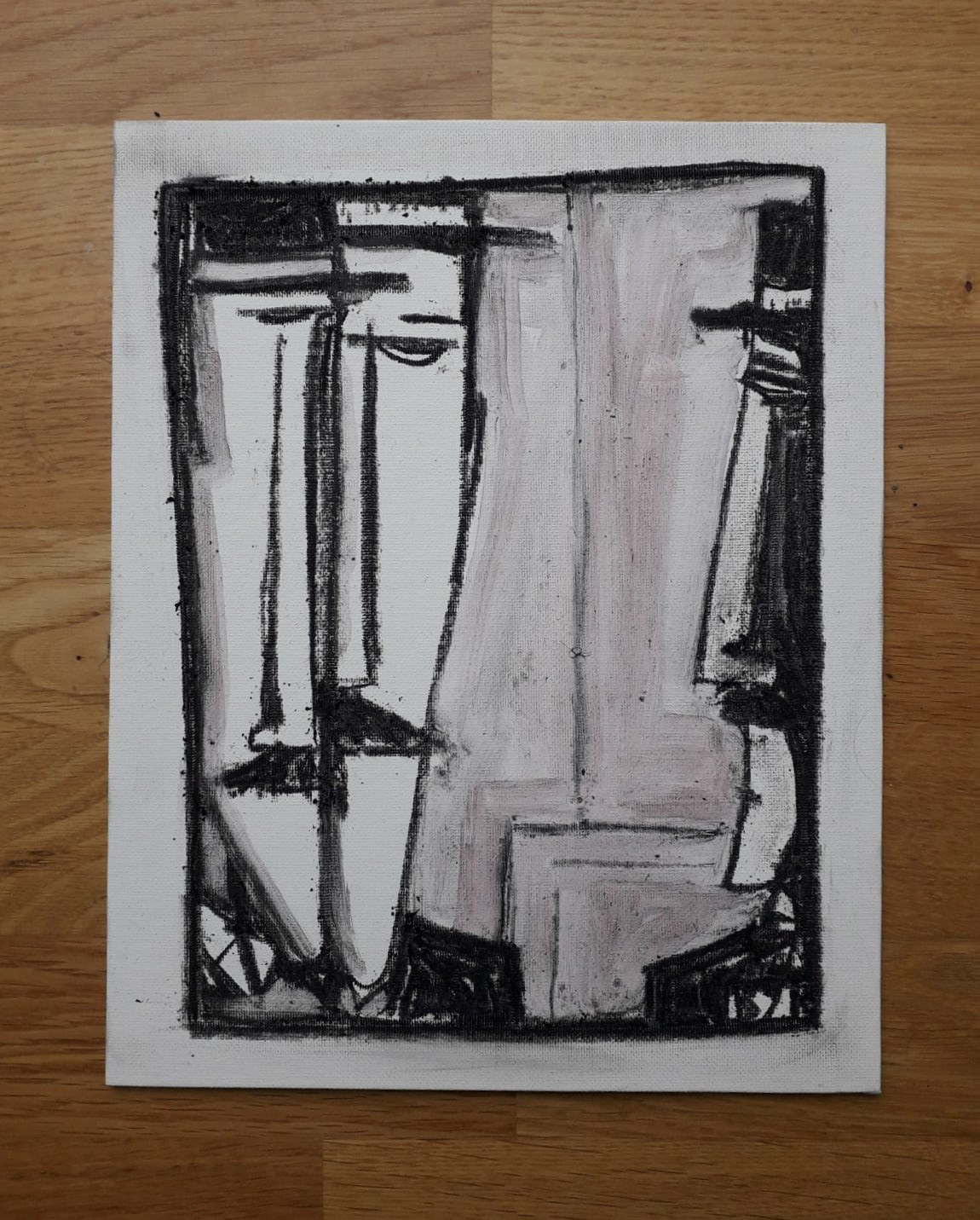 "durchschaun- sechs Augen sind mehr als vier" - Kohle und Gouache auf Malplatte, 2021
