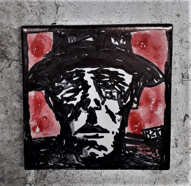 "Fließender Beuys" edding and gouache on tile, 2021