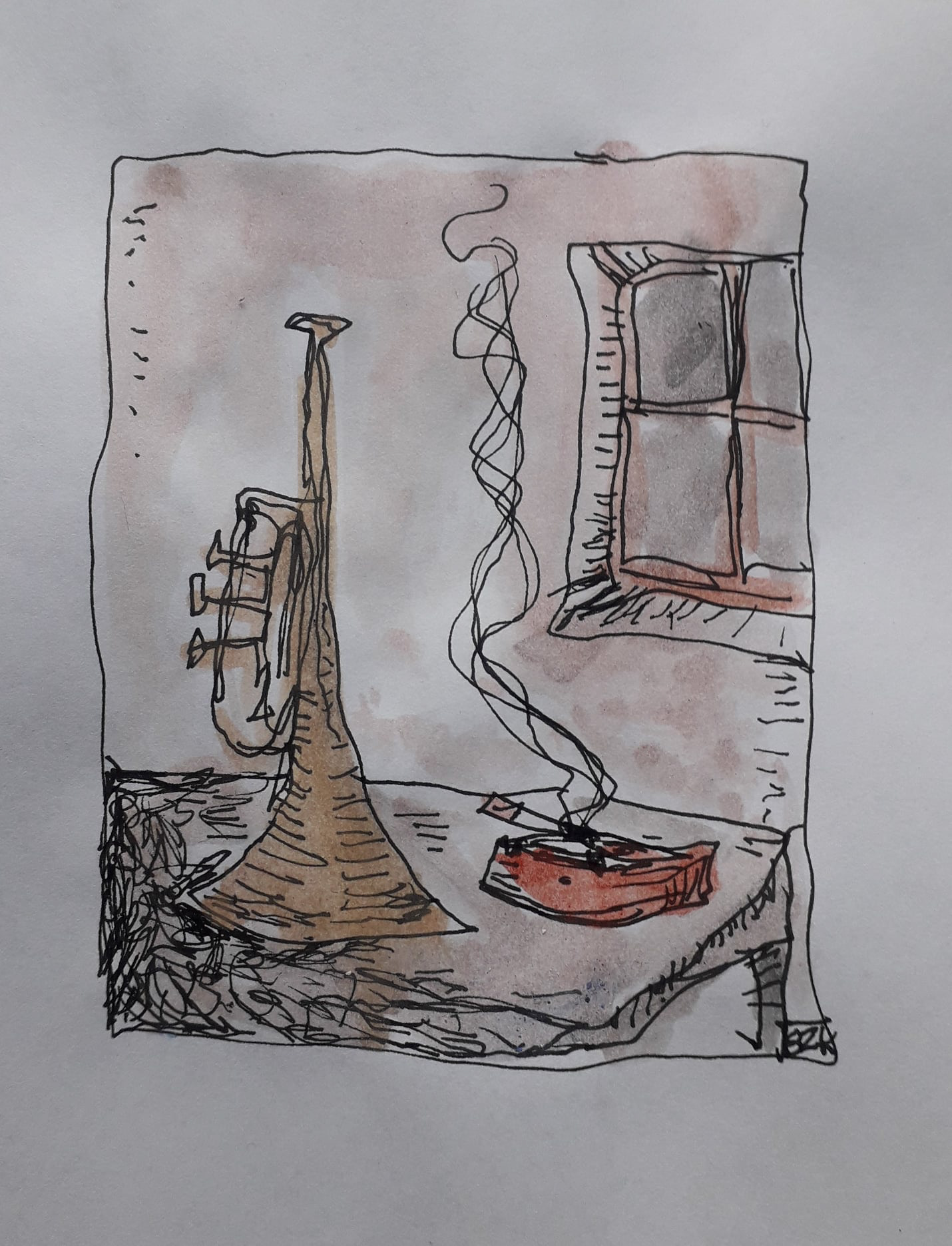 "Trompetenfenstertischrauchnacht" - Tusche und Aquarell auf Papier, 2022