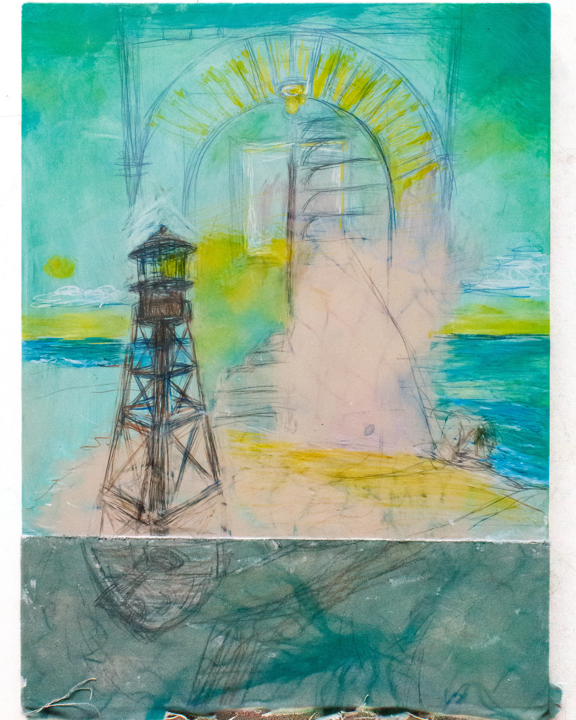 𝘚𝘵𝘪𝘭𝘭, acrylic, spray paint, wax pencil and canvas mounted to panel, 2025, 18 x 24"