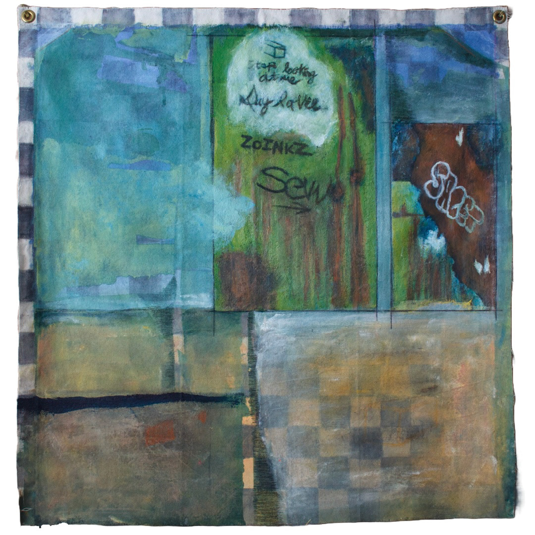 𝘚𝘵𝘰𝘱 𝘓𝘰𝘰𝘬𝘪𝘯𝘨, acrylic paint and wax pencil on raw canvas, 2025, 32 x 33”