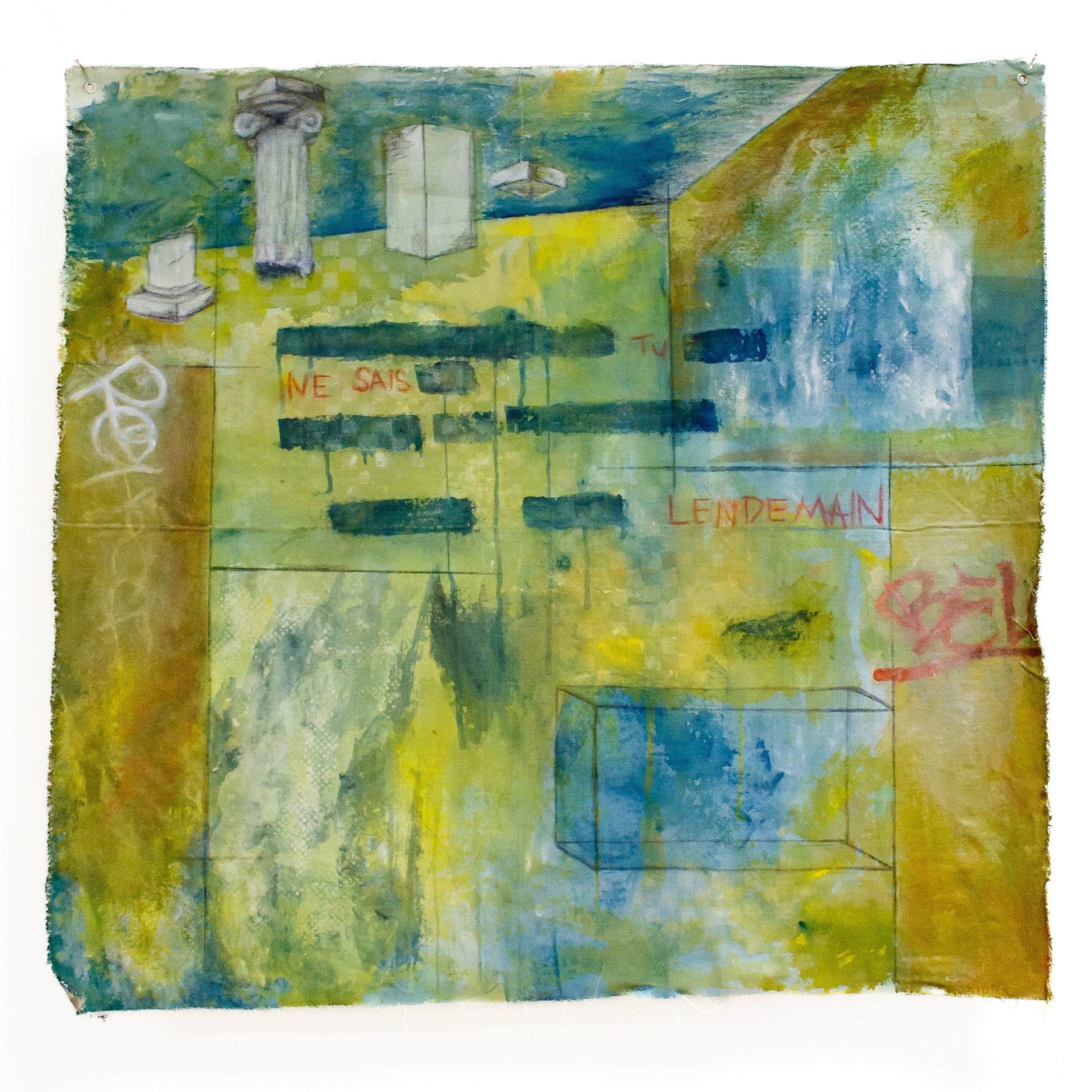 𝘛𝘰𝘮𝘰𝘳𝘳𝘰𝘸, acrylic paint, wax pencil, grommets, and wire on raw canvas, 2025, 32 x 32”