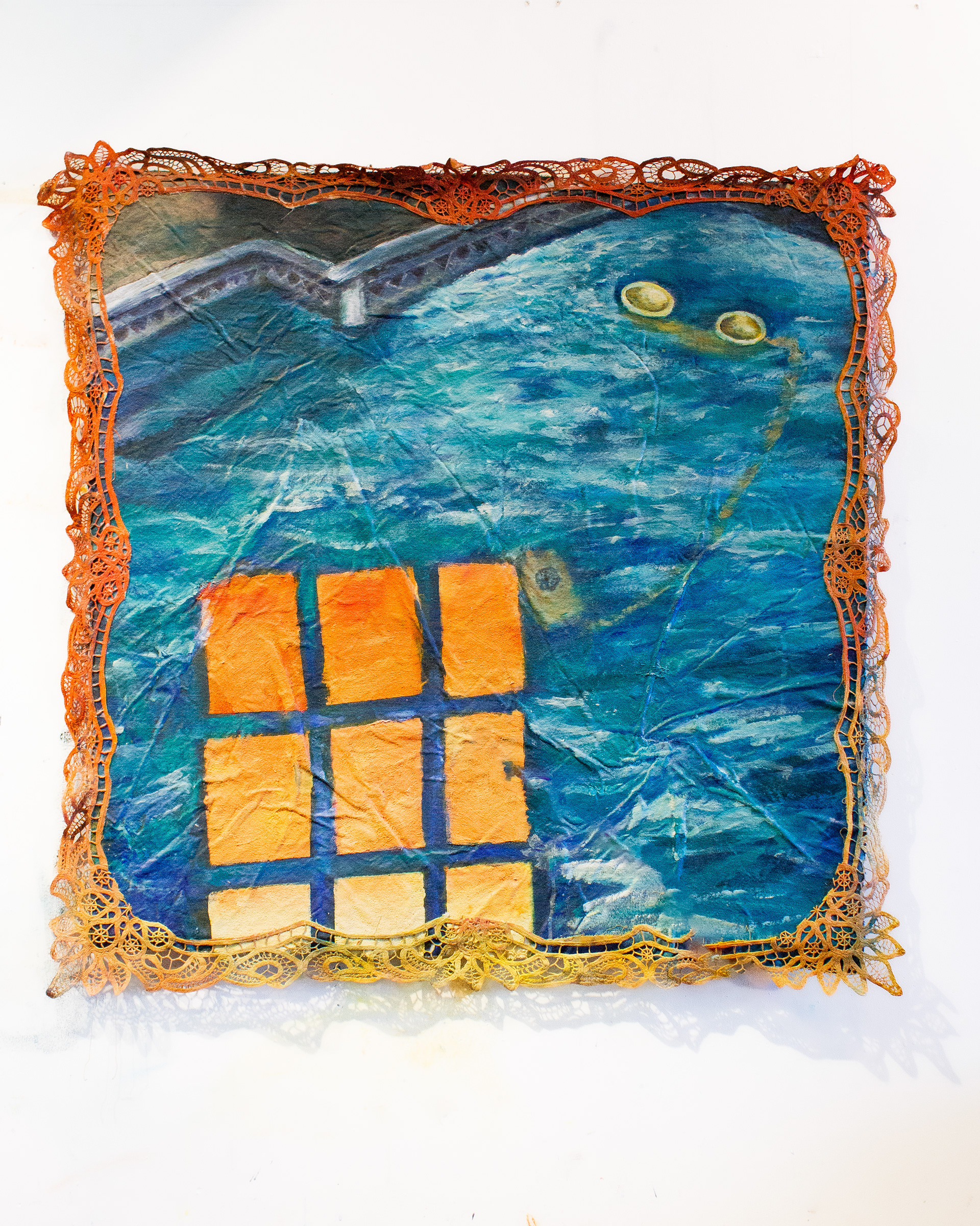 𝘛𝘩𝘦 𝘔𝘦𝘴𝘴𝘢𝘨𝘦, acrylic paint, pumice stone, and doily on canvas mounted to board, 2025, 36 x 36”