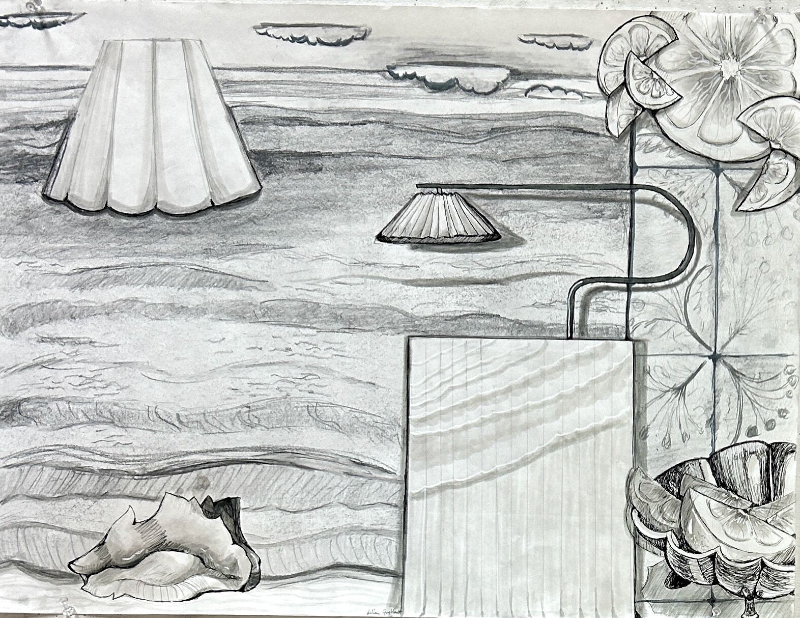 Collage Drawing, micron ink and graphite on paper, 24 x 18" (Drawing I)