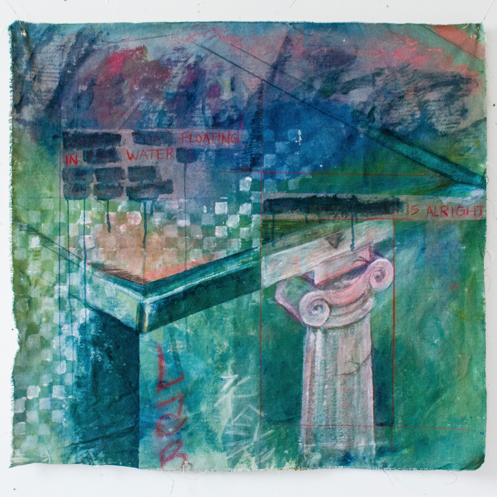 𝘍𝘭𝘰𝘢𝘵𝘪𝘯𝘨 𝘪𝘯 𝘞𝘢𝘵𝘦𝘳, acrylic paint and wax pencil on raw canvas, 2025, 32 x 30”