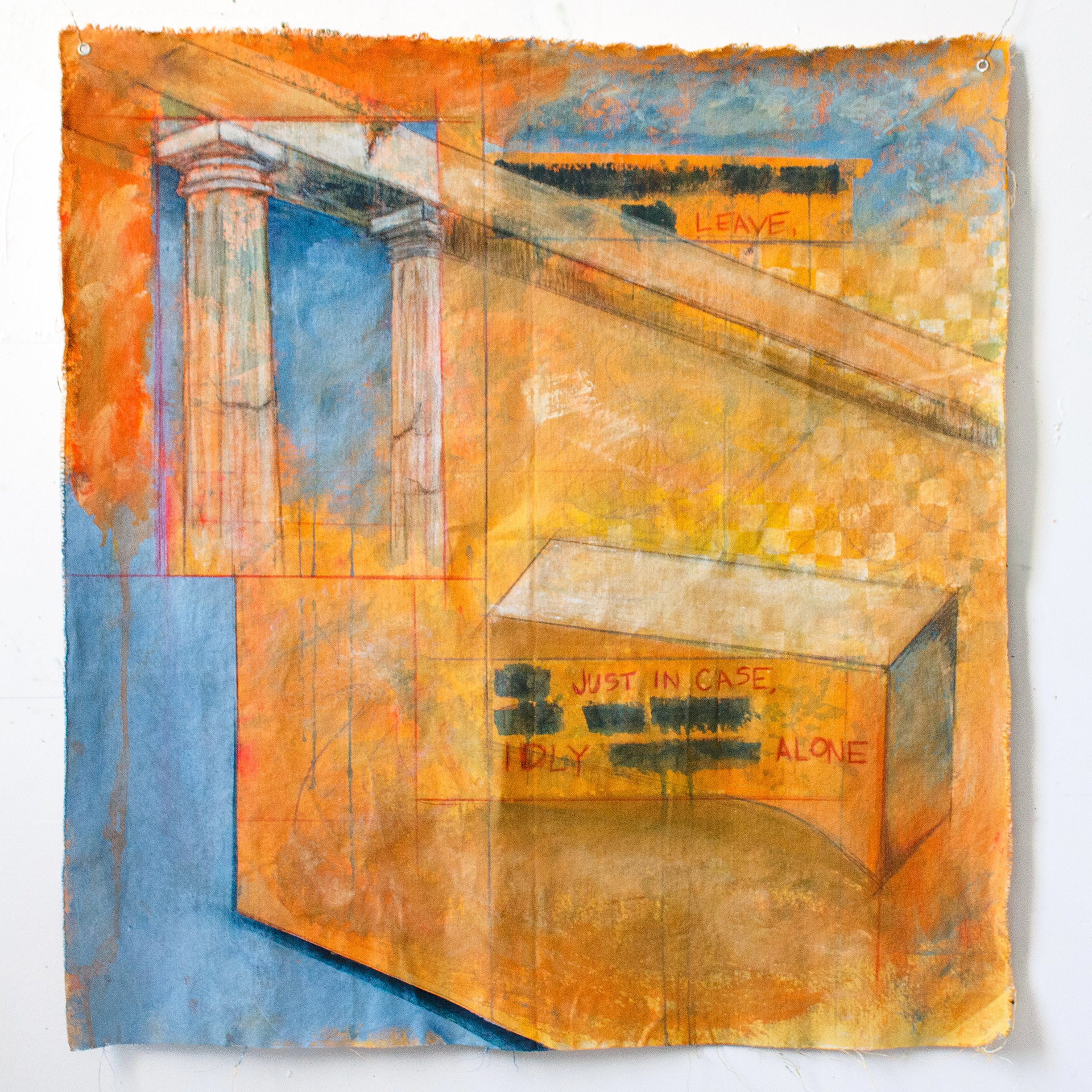 𝘐𝘥𝘭𝘺 𝘈𝘭𝘰𝘯𝘦, acrylic paint and wax pencil on raw canvas, 2025, 32 x 30”