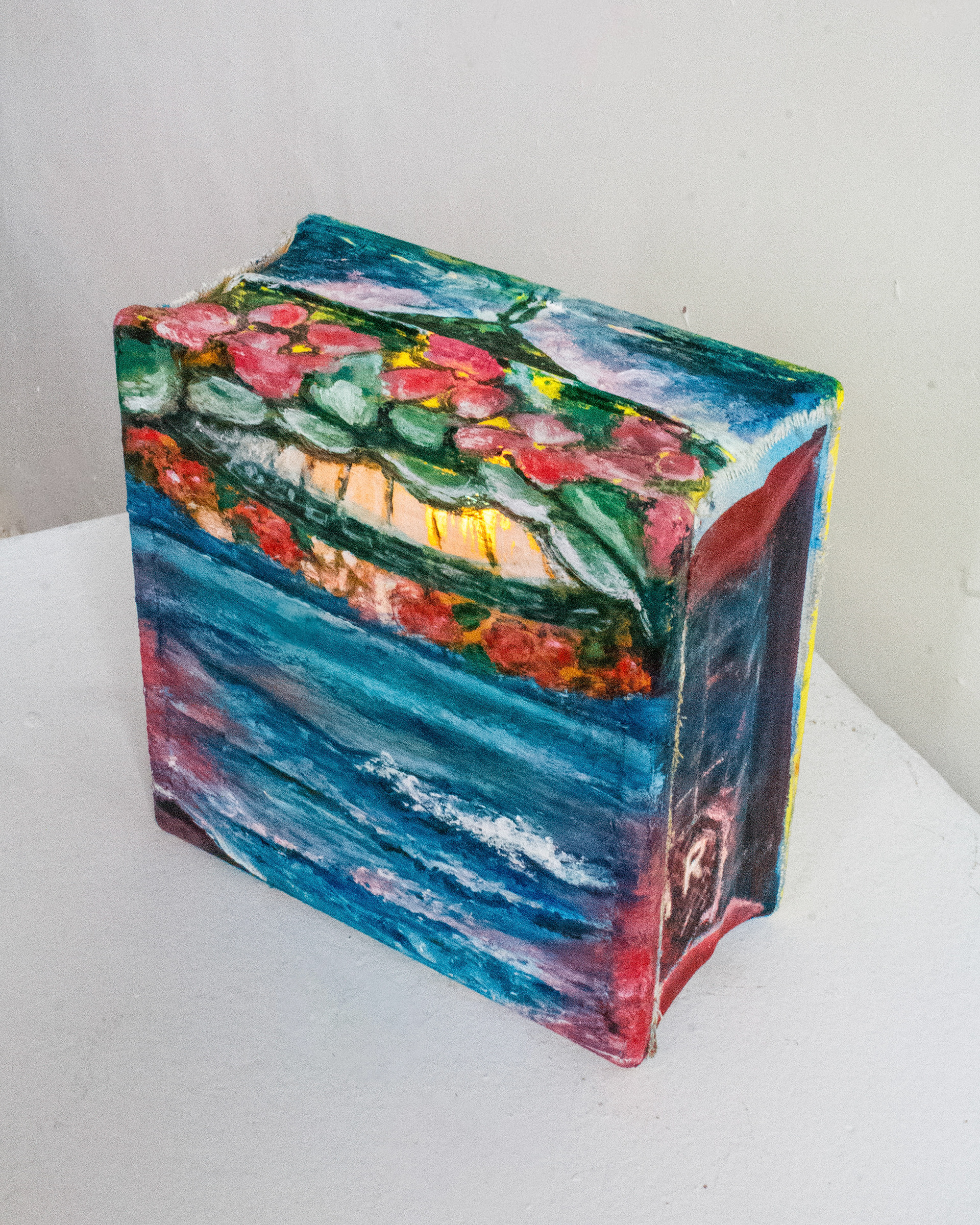 𝘔𝘢𝘴𝘵𝘩𝘦𝘢𝘥 (𝘓𝘢𝘮𝘱), acrylic on canvas and glass block, 2025, 8 x 8 x 3.5”