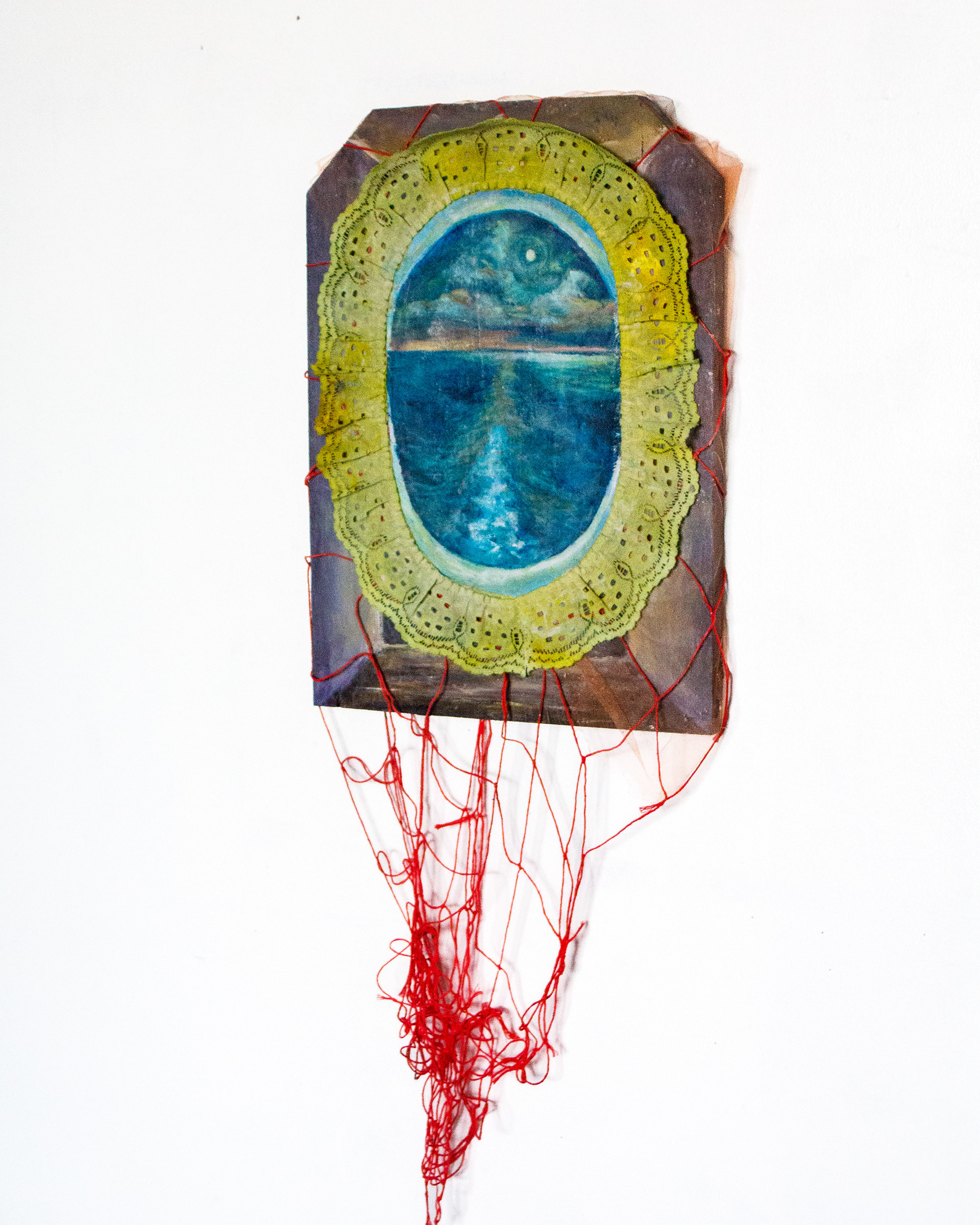 𝘘𝘶𝘪𝘦𝘵𝘭𝘺 𝘓𝘦𝘢𝘷𝘪𝘯𝘨, acrylic paint and fabrics on panel, 2025, 11 x 15”