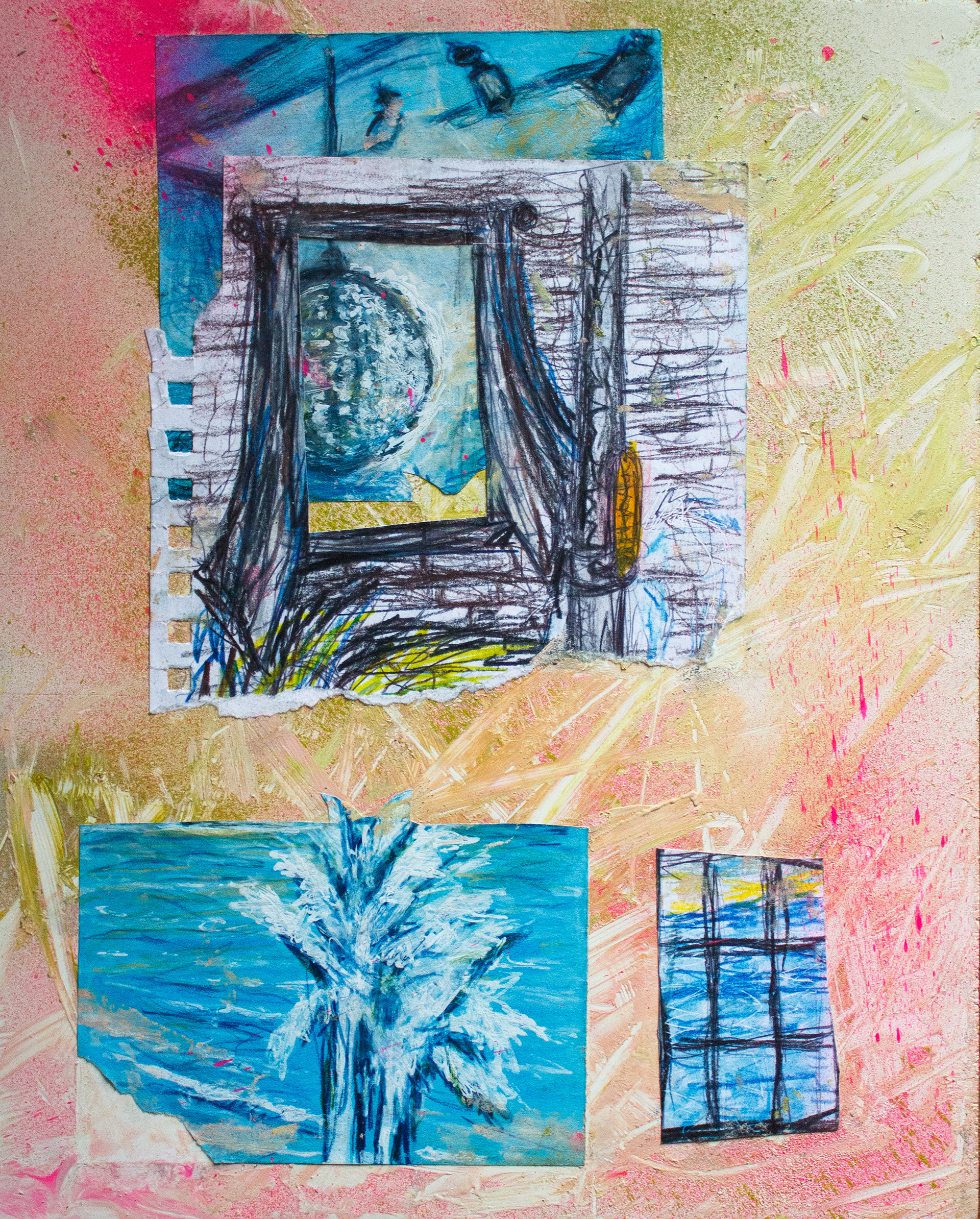 𝘔𝘰𝘰𝘯'𝘴 𝘋𝘦𝘷𝘪𝘴𝘦, wax pencil on paper mounted to spray paint on panel, 2025, 8 x 13"