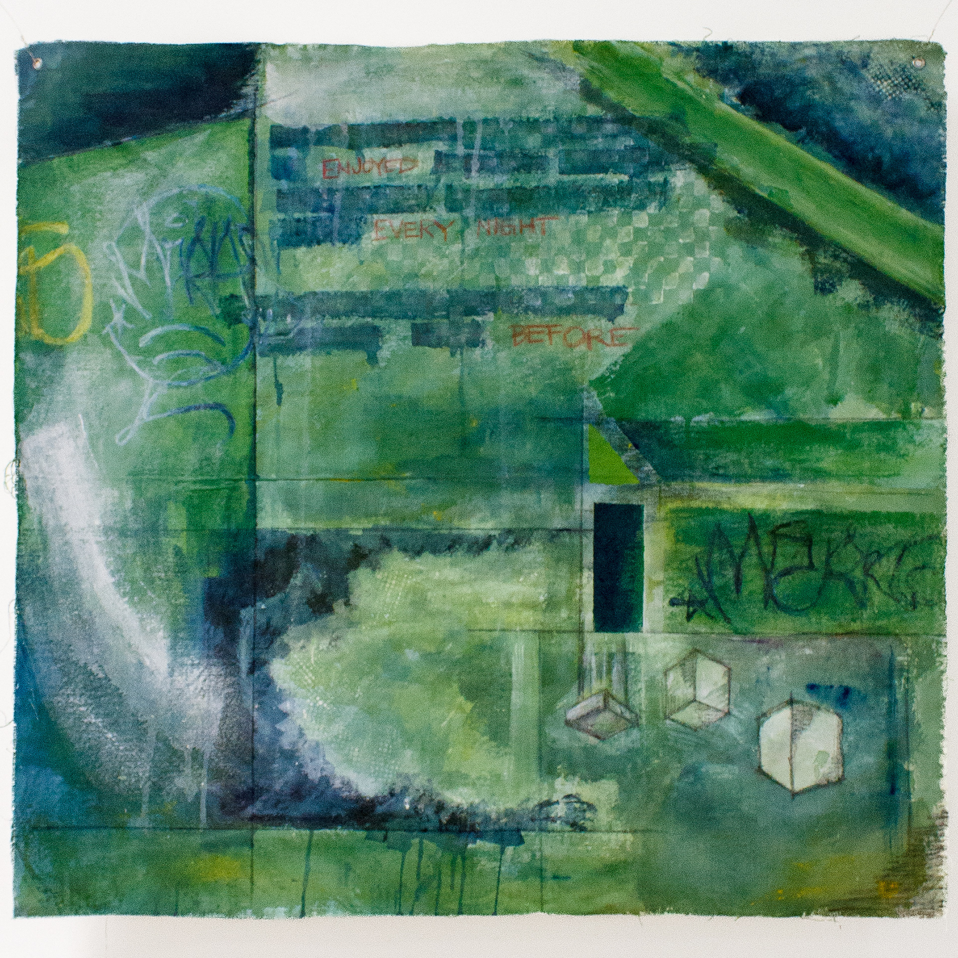 𝘌𝘷𝘦𝘳𝘺 𝘕𝘪𝘨𝘩𝘵 𝘉𝘦𝘧𝘰𝘳𝘦, acrylic paint, wax pencil, grommets, and wire on raw canvas, 2025, 32 x 32”