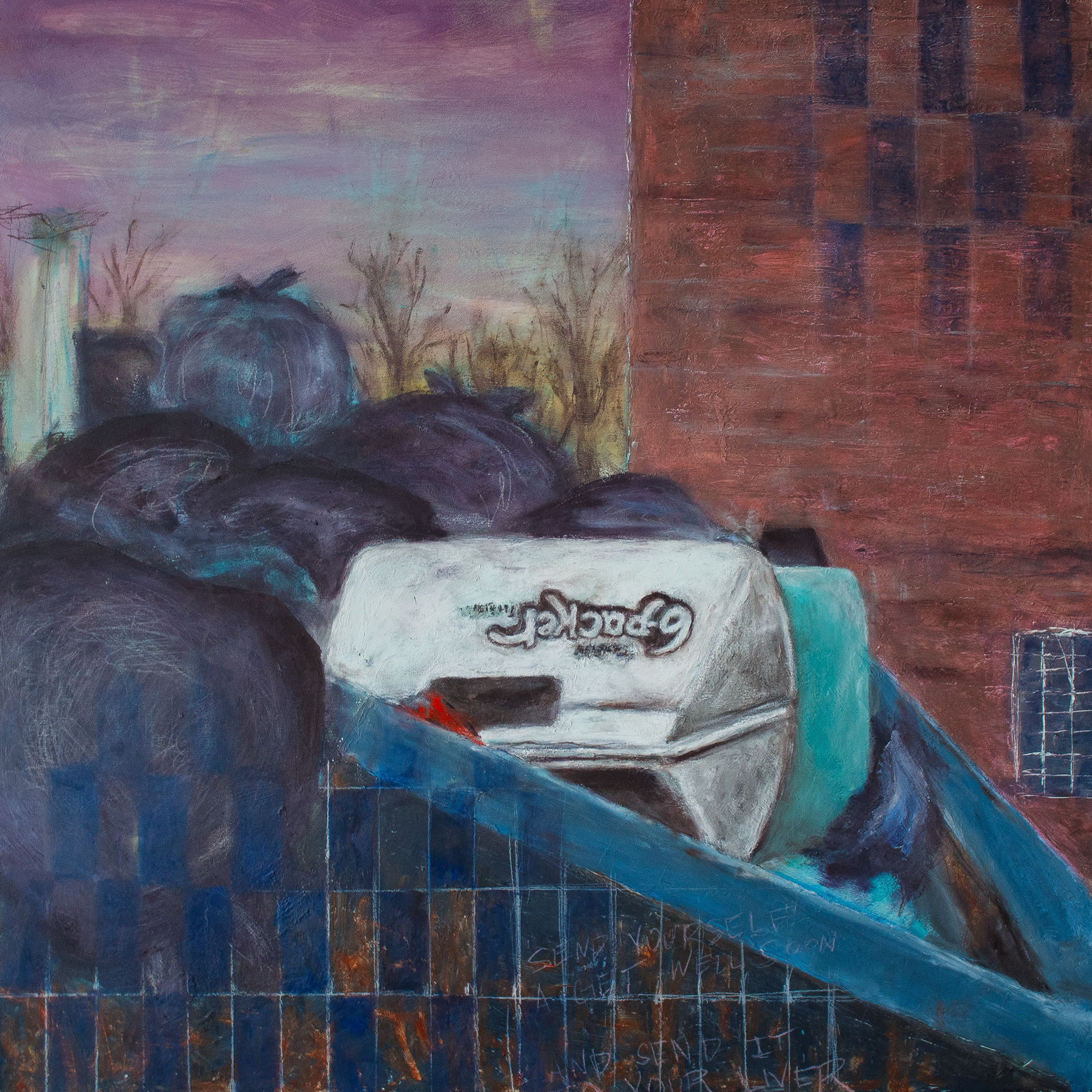 𝘎𝘦𝘵 𝘞𝘦𝘭𝘭 𝘚𝘰𝘰𝘯, wax pencil and oil paint on canvas, 2025, 23 x 23”