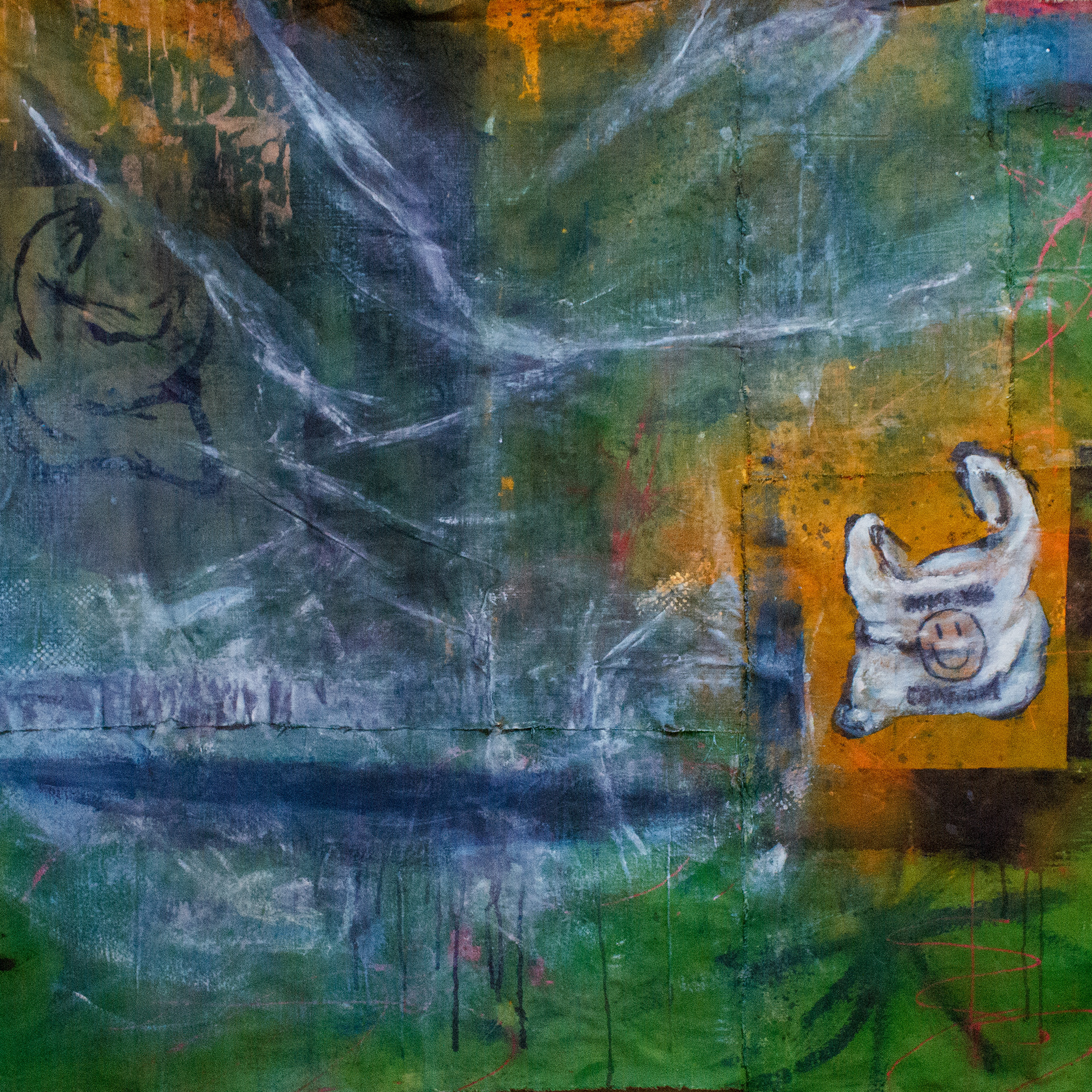 𝘊𝘰𝘮𝘦 𝘈𝘨𝘢𝘪𝘯, acrylic paint and wax pencil on raw canvas and linen, 2025, 48 x 60”