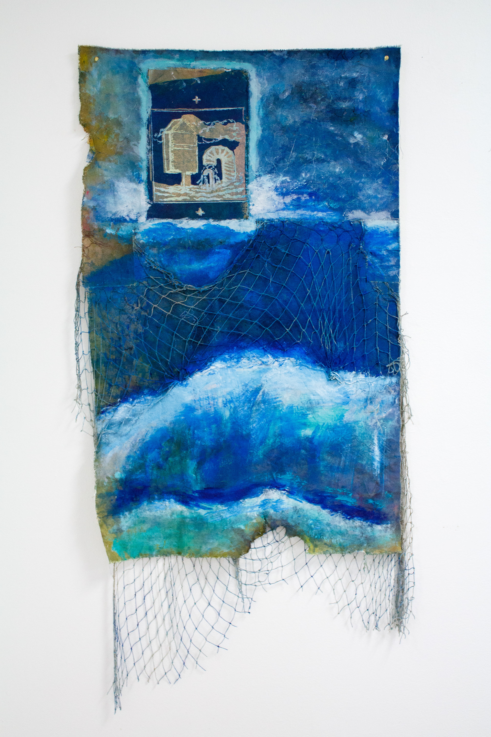 𝘛𝘩𝘦 𝘚𝘶𝘣𝘮𝘦𝘳𝘨𝘦, net, acrylic paint and ink on canvas, 2025, 28 x 45"