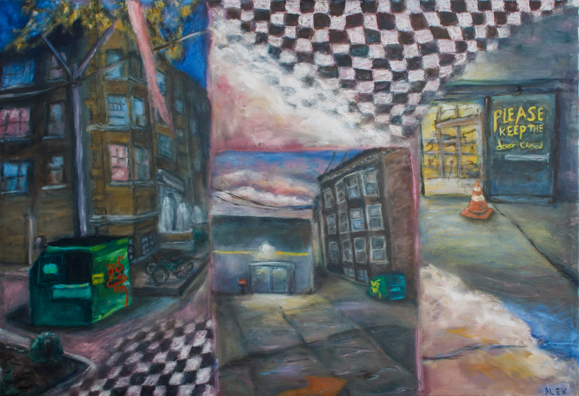 𝘗𝘭𝘦𝘢𝘴𝘦 𝘒𝘦𝘦𝘱 𝘋𝘰𝘰𝘳 𝘖𝘱𝘦𝘯, oil paint and stick on canvas, 2024, 26 x 36"