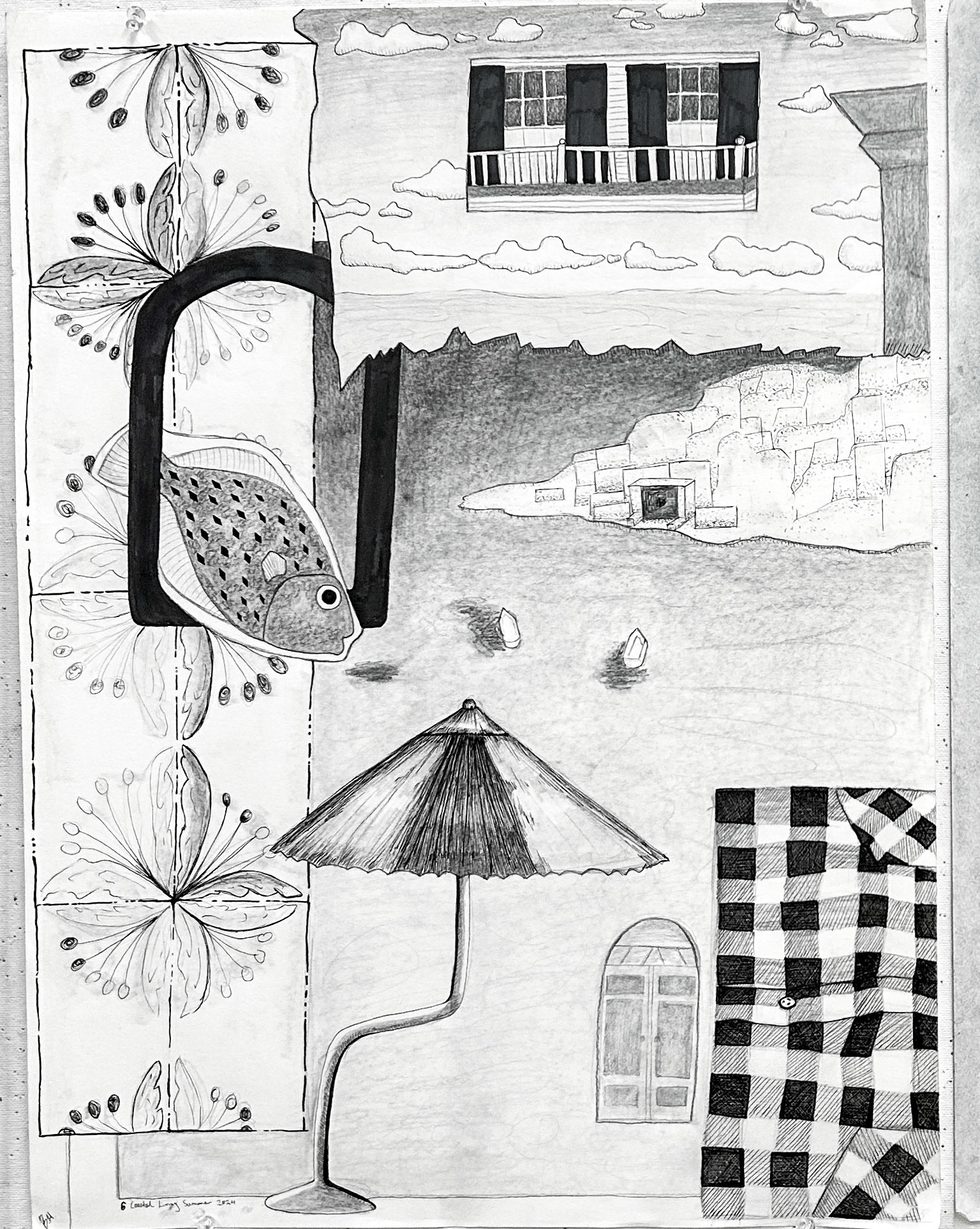 Collage Drawing, micron ink and graphite on paper, 18 x 24" (Drawing I)