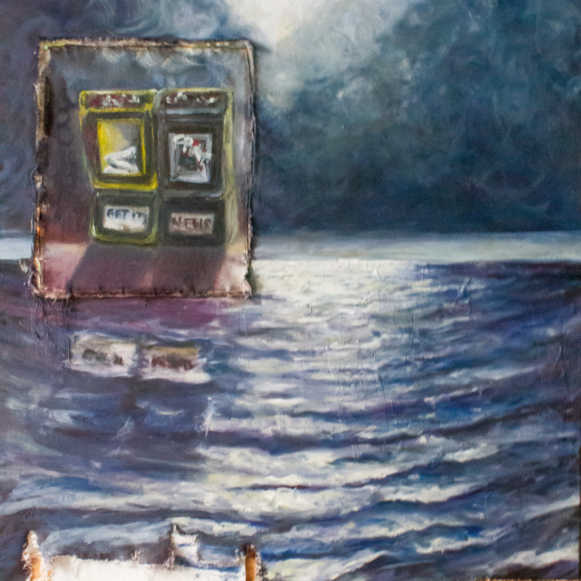 𝘎𝘦𝘵 𝘪𝘵 𝘕𝘰𝘸! Newsprint, ink transfer, and oil on canvas, 2025, 36 x 36"