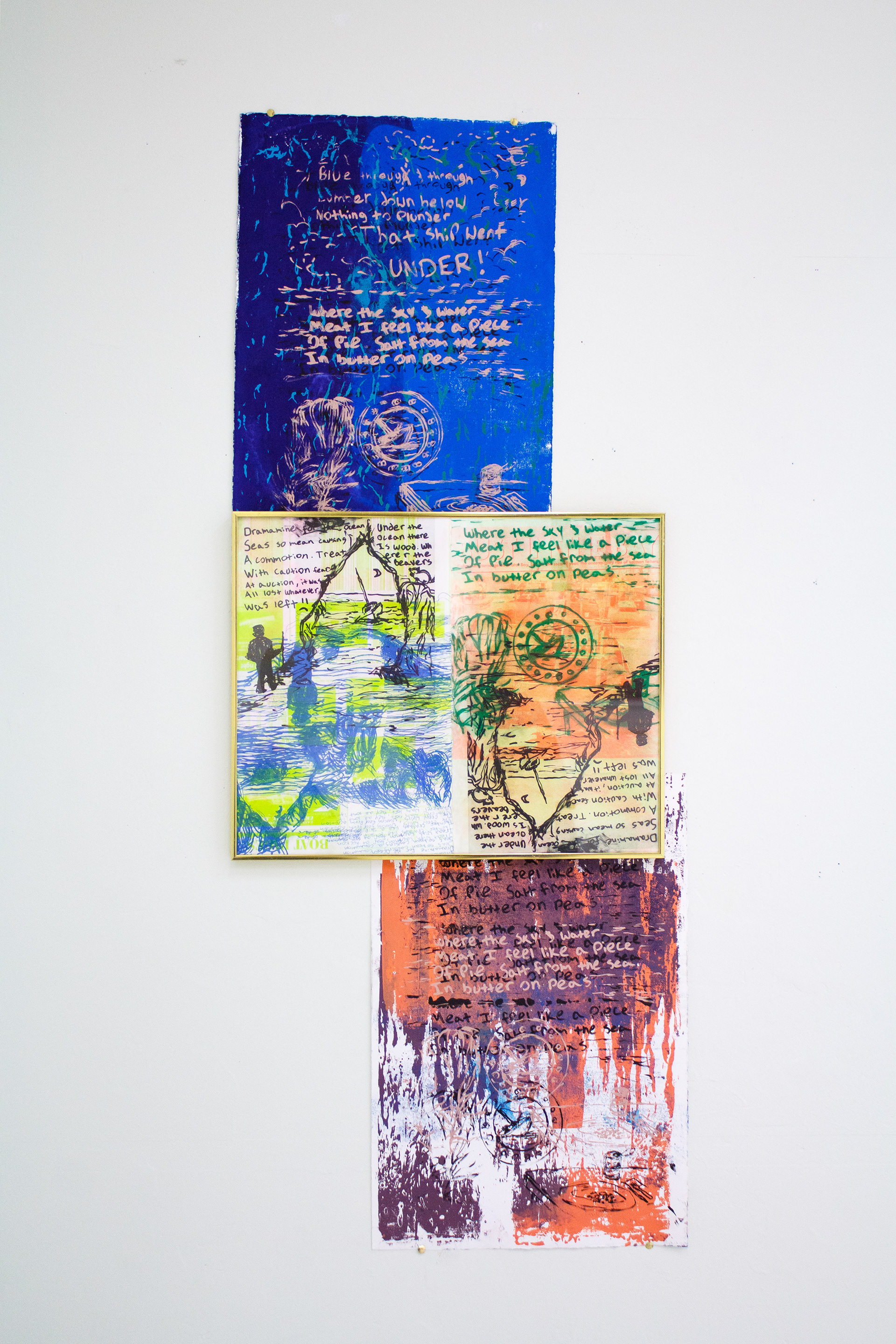 𝘞𝘩𝘦𝘳𝘦 𝘛𝘩𝘦 𝘚𝘬𝘺 & 𝘞𝘢𝘵𝘦𝘳 𝘔𝘦𝘢𝘵 I, risograph prints (framed) with acrylic monoprints on paper, 2025, 54 x 24"