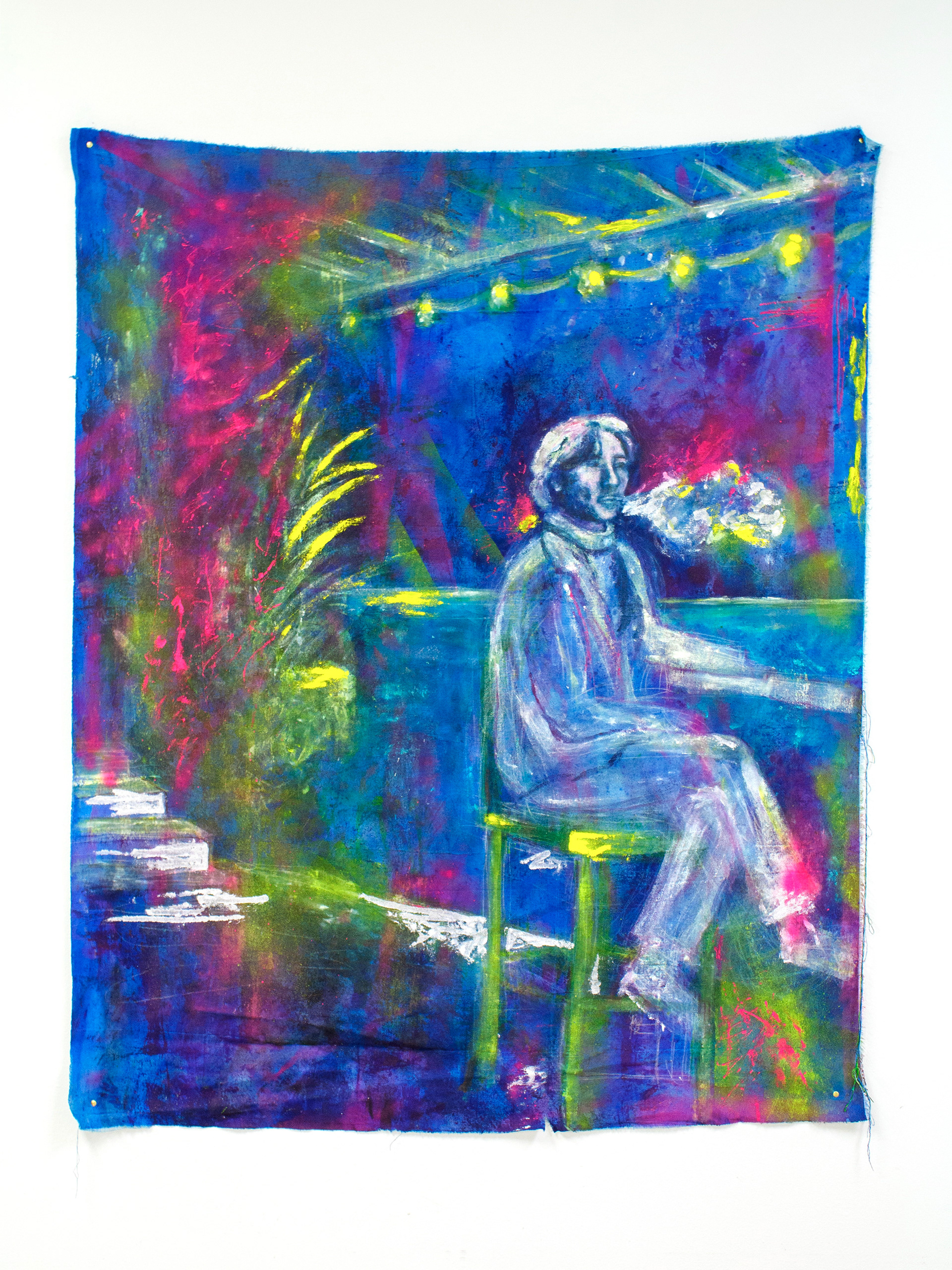 𝘐𝘵'𝘴 𝘚𝘪𝘭𝘭𝘺 𝘕𝘰𝘵 𝘵𝘰 𝘏𝘰𝘱𝘦, acrylic and spray paint on canvas, 2025, 34 x 65"