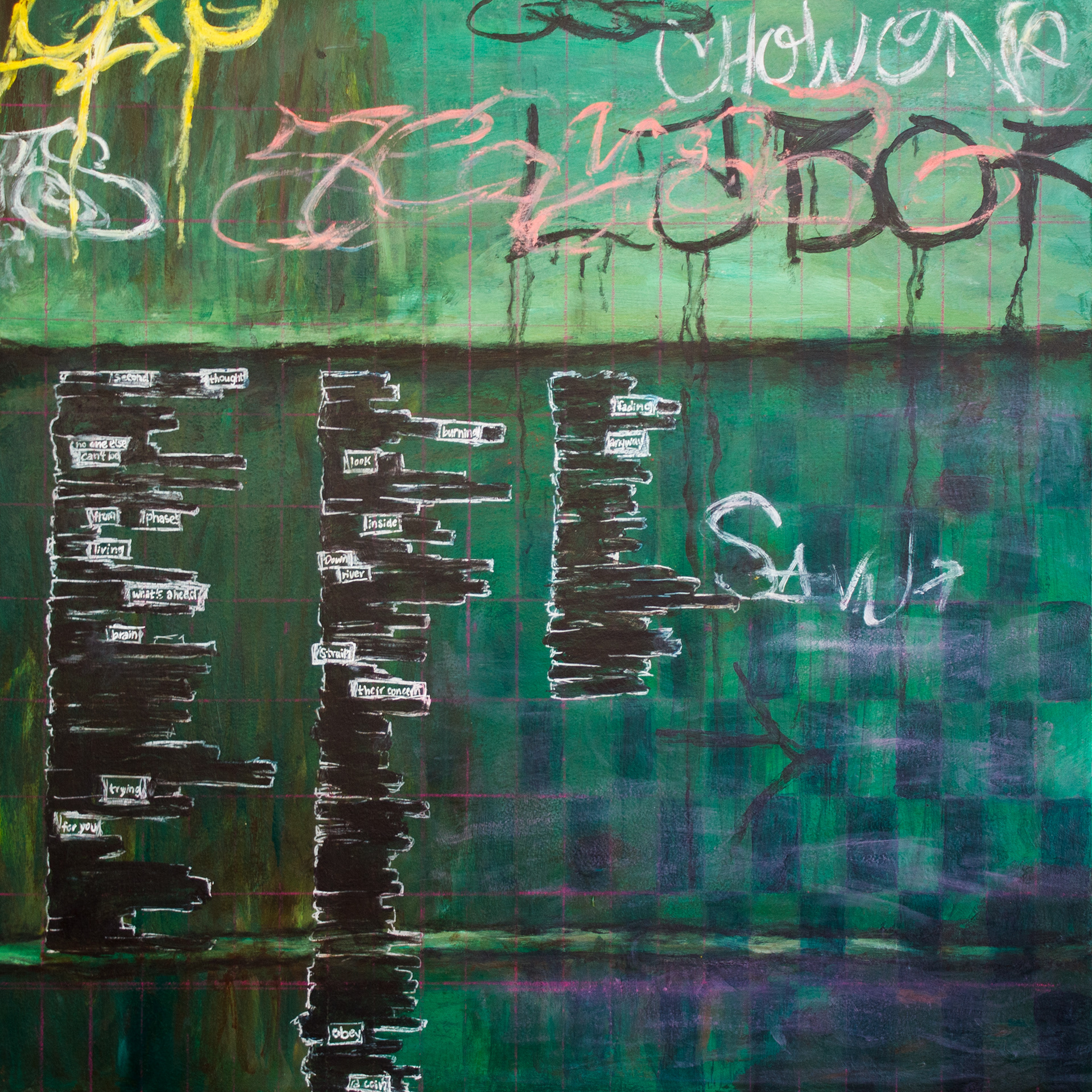 𝘋𝘰𝘸𝘯 𝘙𝘪𝘷𝘦𝘳, multimedia on panel, 2025, 23 x 23”