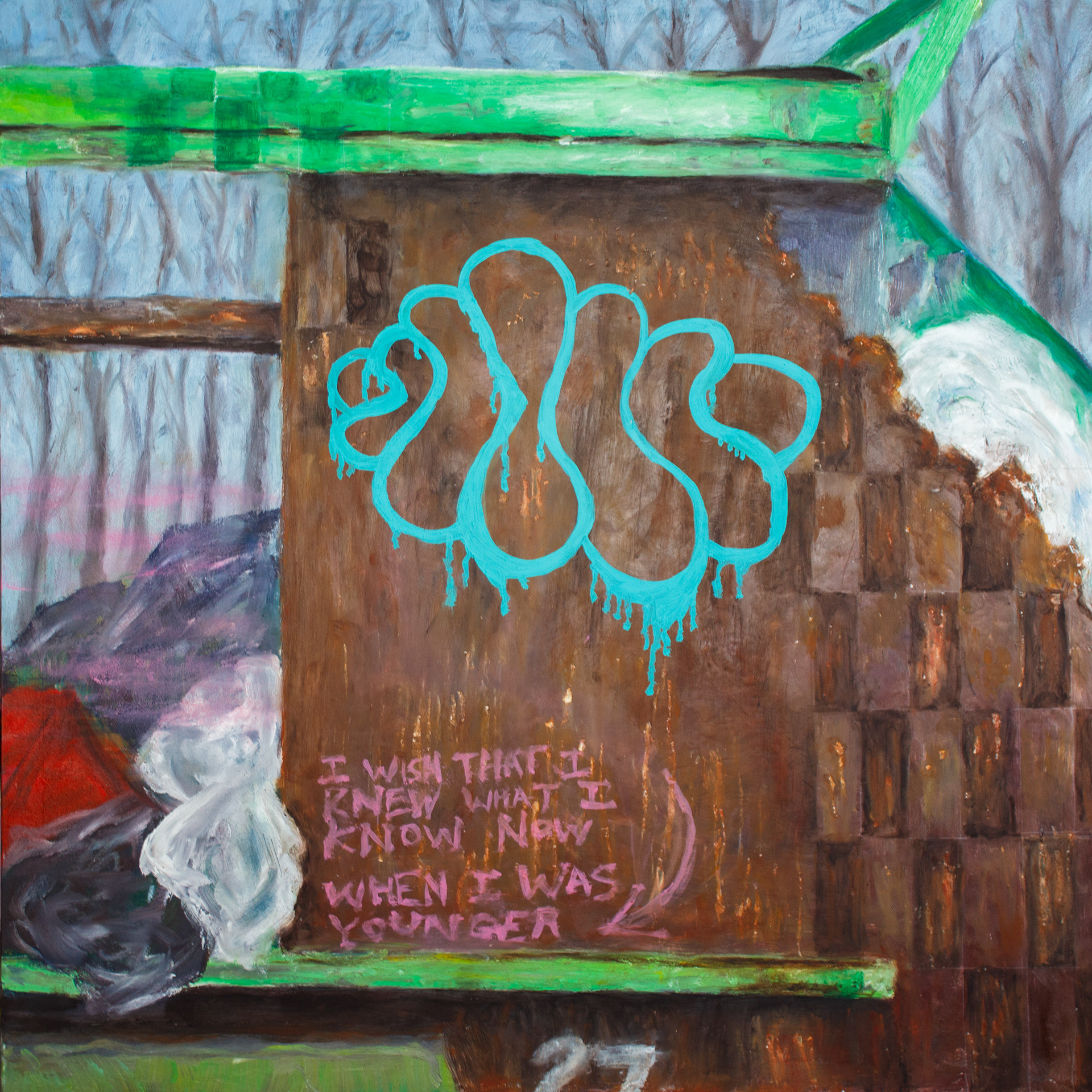 𝘞𝘩𝘦𝘯 𝘐 𝘸𝘢𝘴 𝘠𝘰𝘶𝘯𝘨𝘦𝘳, wax pencil and oil paint on canvas, 2025, 23 x 23”