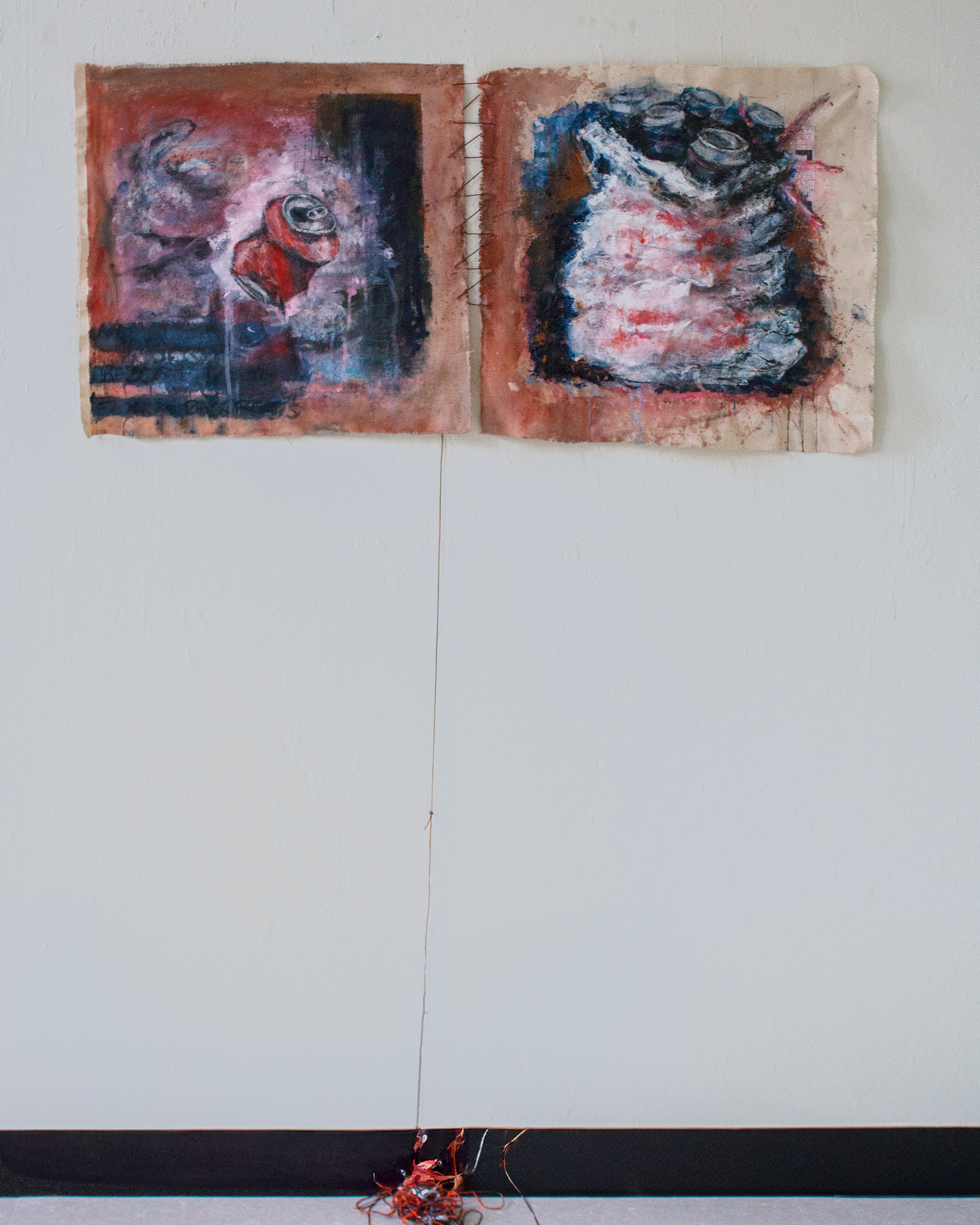 𝘉𝘢𝘤𝘬𝘳𝘰𝘢𝘥𝘴 (diptych), multimedia on raw canvas, 2025, 48 x 24”