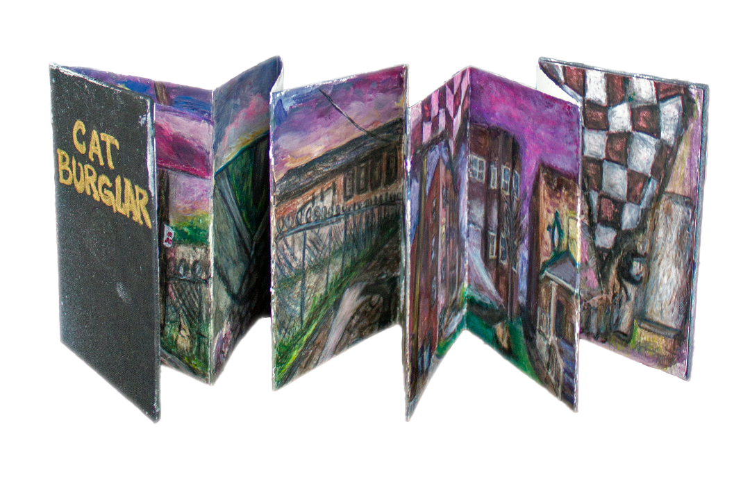 𝘊𝘢𝘵 𝘉𝘶𝘳𝘨𝘭𝘢𝘳, multi media on paper, 2024, 4 x 6"