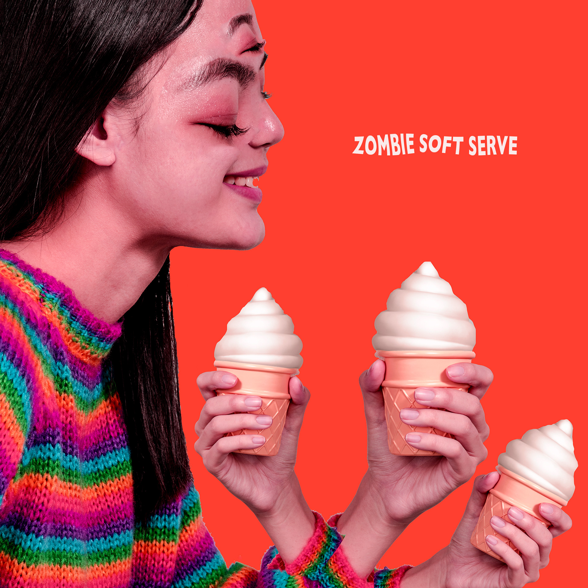 Artwork, for Sweet Jeni's album Zombie Soft Serve. Pop with a hint of grunge to her sound, the music is sweet like ice cream, but has post-apocalypse themes.