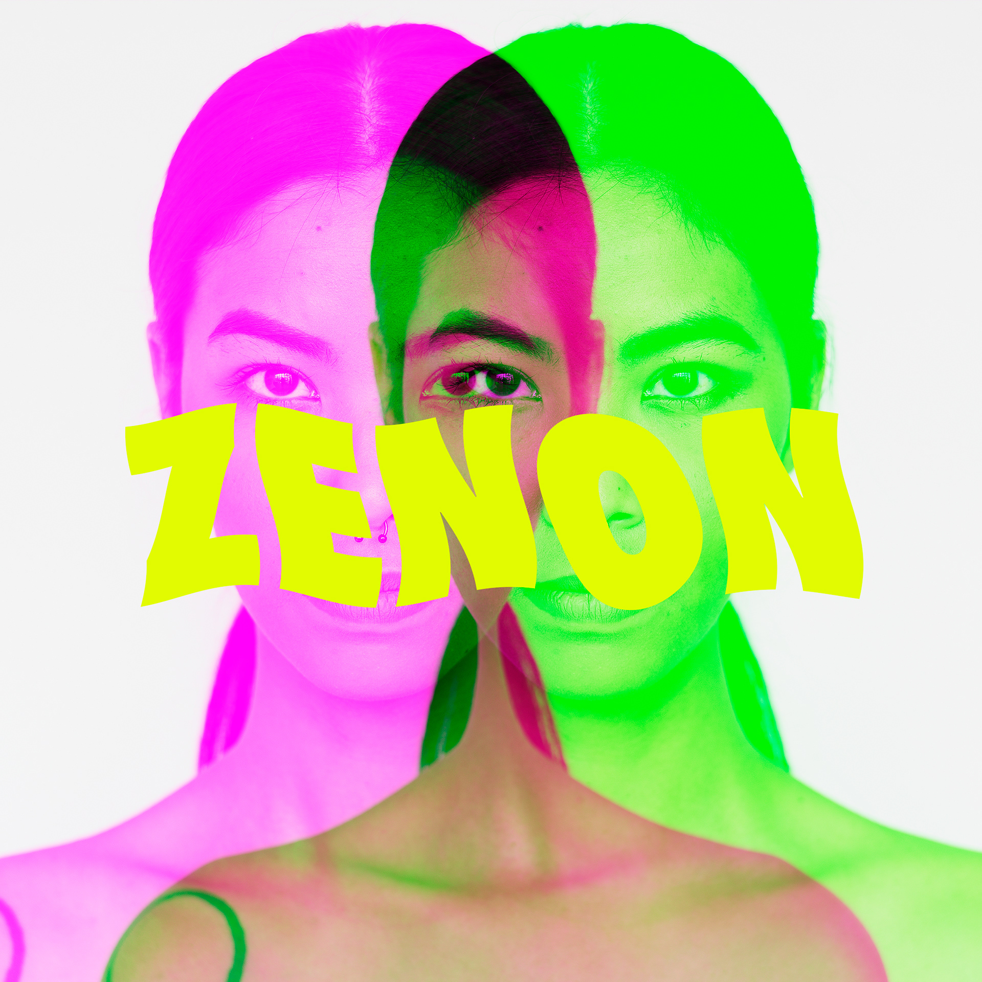 Zenon self-titled album. Making her way onto the electronic indie scene, the artwork colors mimic the energy of the music and her piercing gaze foretell the mesmerizing sound of her music.