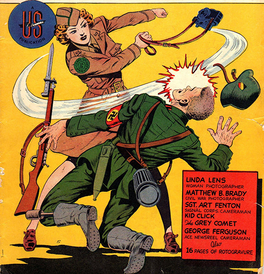 'Linda Lens' swipes a Nazi soldier with her camera. Camera Comics, 1944