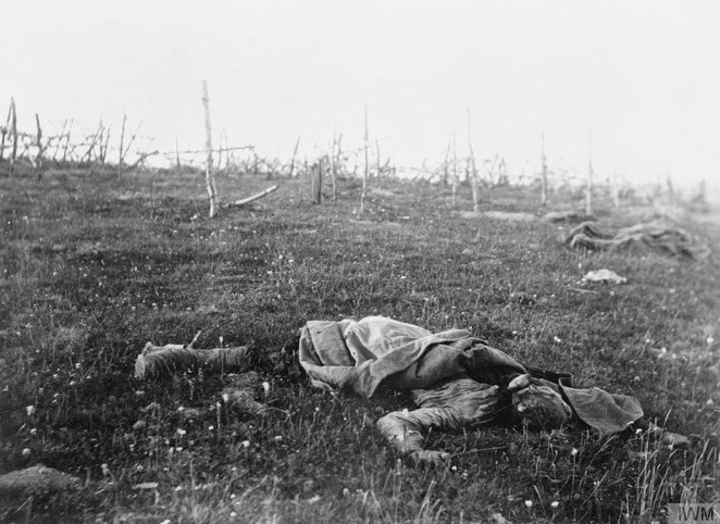 An unknown soldier lying on the battlefield, 1916. Florence Farmborough © IWM (Q98431)