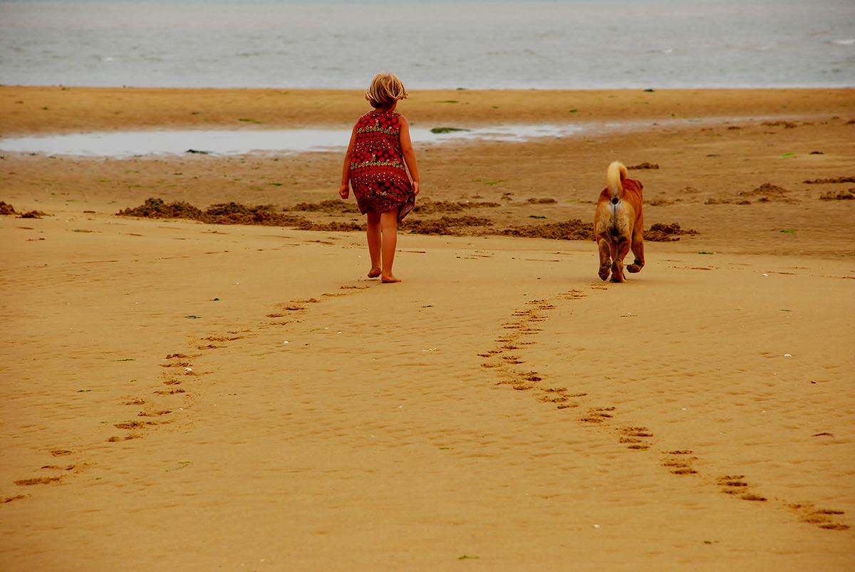 Veronika Rauch - Kind und Hund am Strand hinterlassen Fussspuren