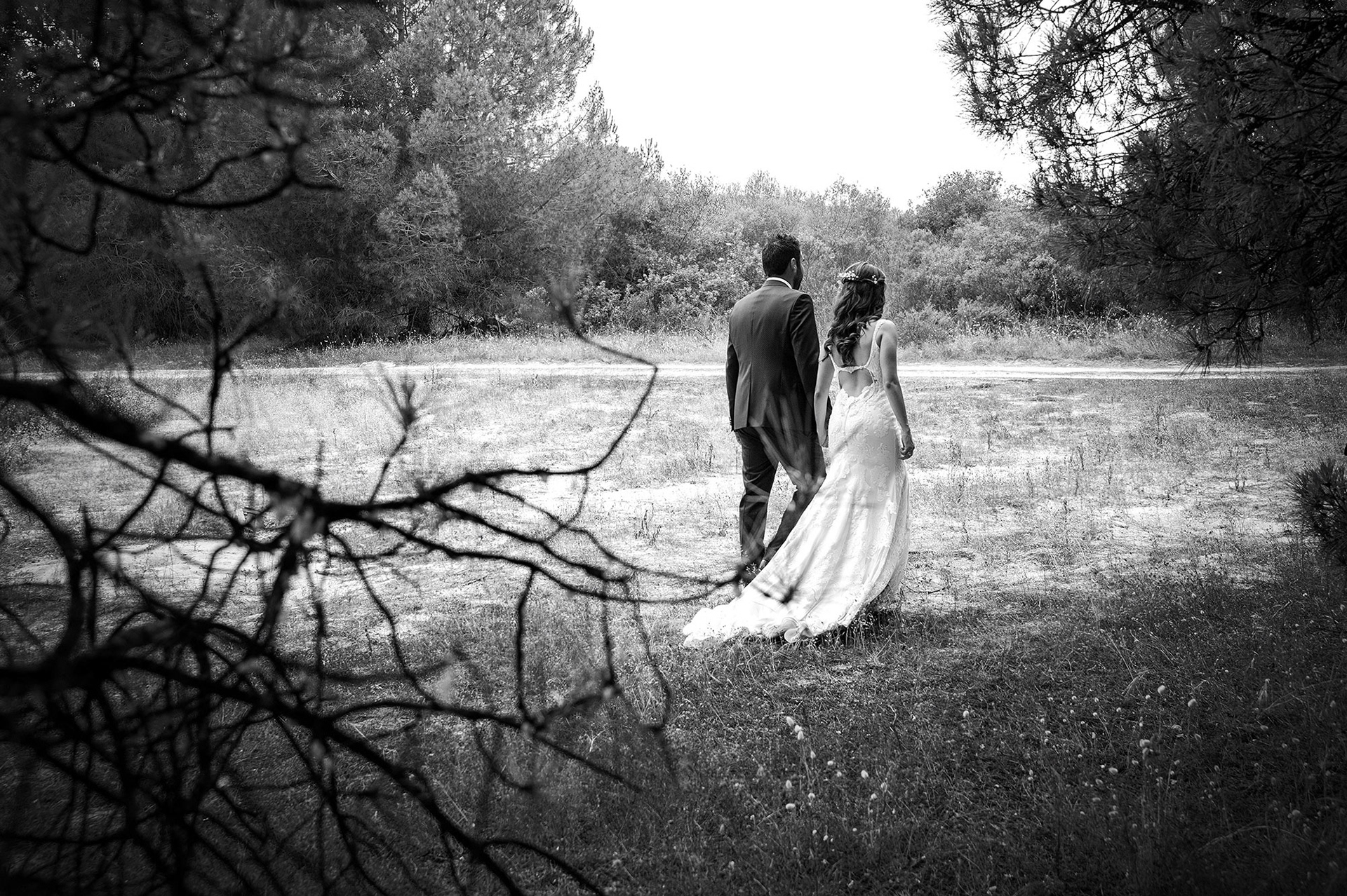 Το ζευγάρι απομακρύνεται περπατώντας μέσα στο δάσος, με φόντο το φως που λούζει τη φύση.    The couple walking away through the forest, bathed in soft natural light.