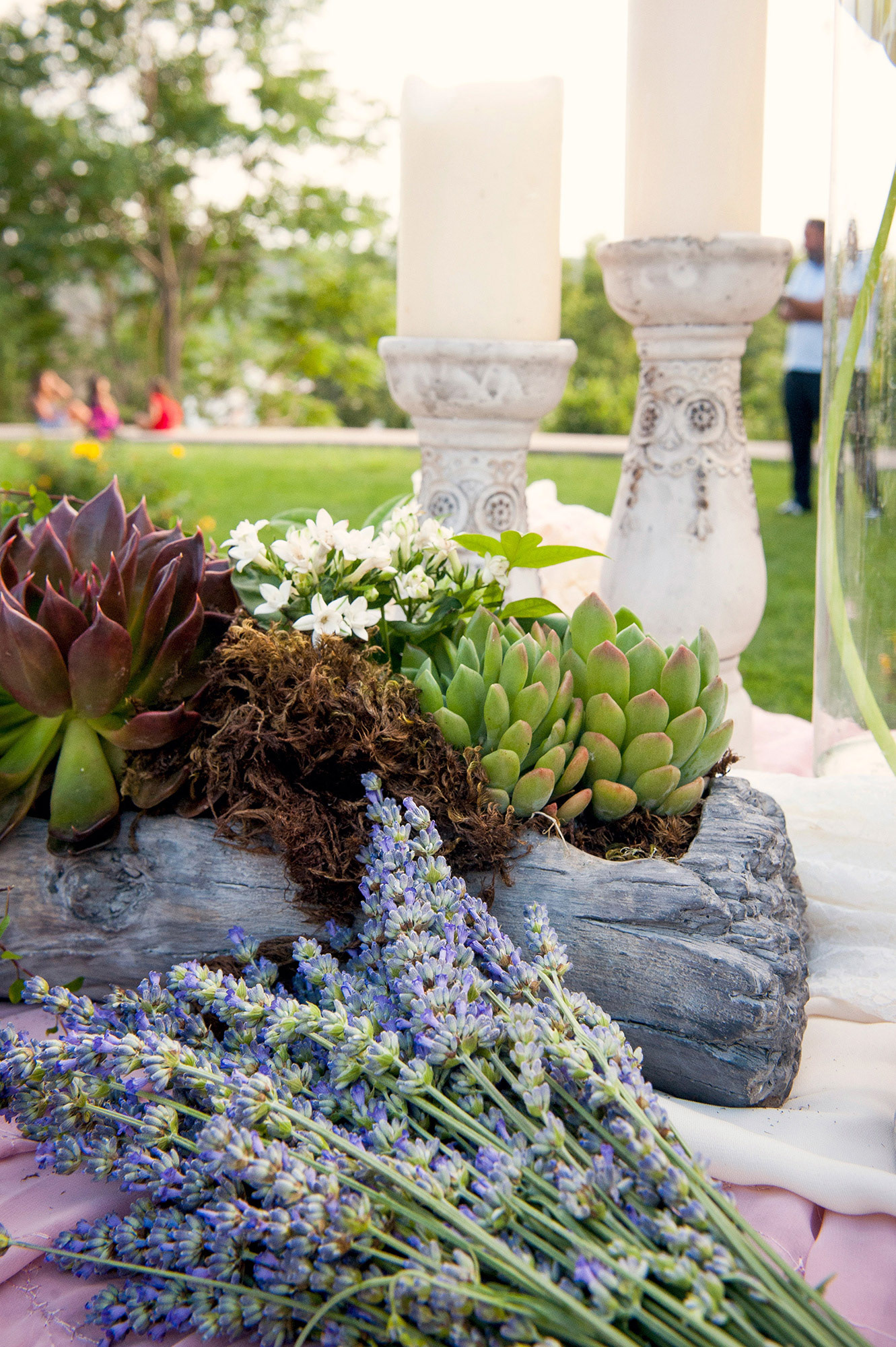 Λεπτομέρεια διακόσμησης με λεβάντα, παχύφυτα και φυσικά στοιχεία για στολισμό γάμου.   Wedding decoration detail with lavender, succulents, and natural rustic elements.